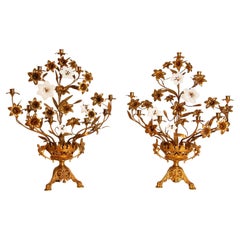 Antique French Church Candelabra Gold Bronze Brass Opaline Glass Flowers a pair