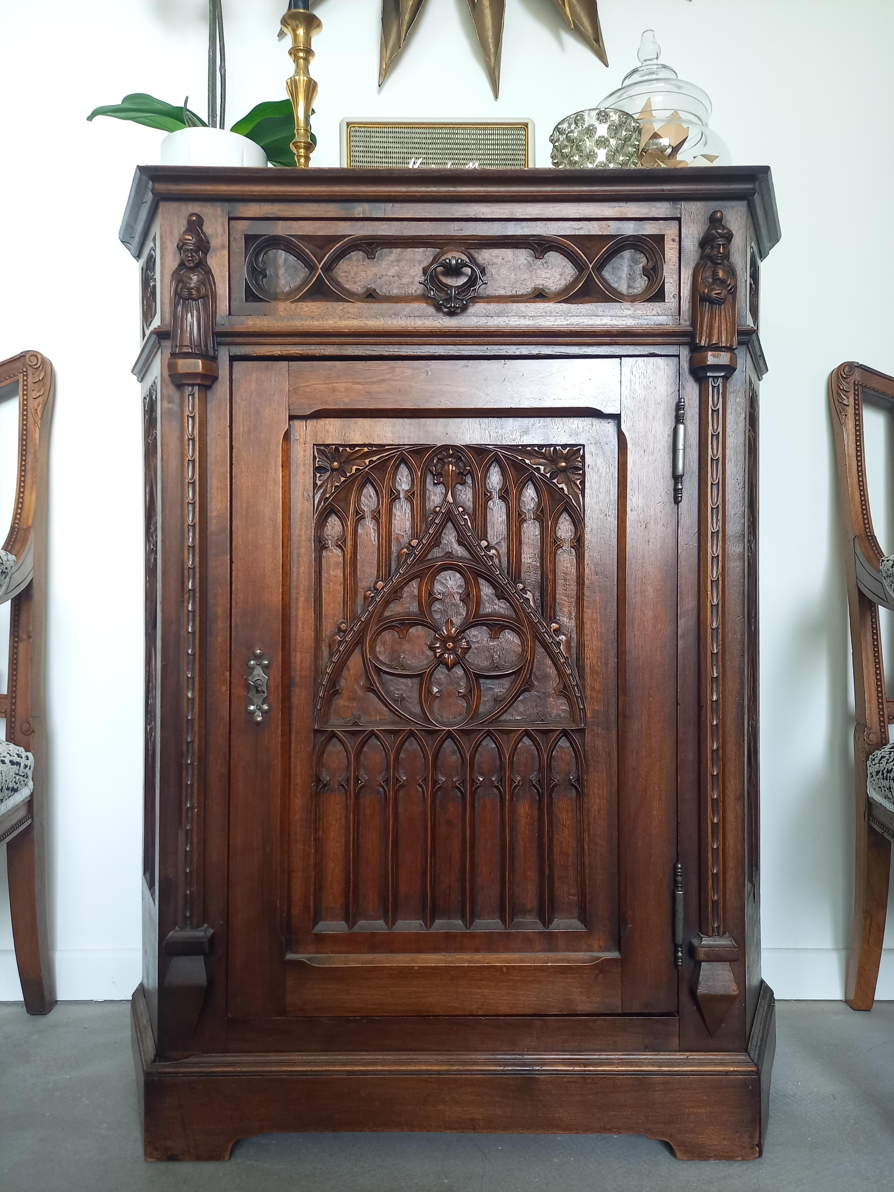 Walnut Antique French Church Hand-Carved Buffet Bookcase Cabinet, 19th Century For Sale