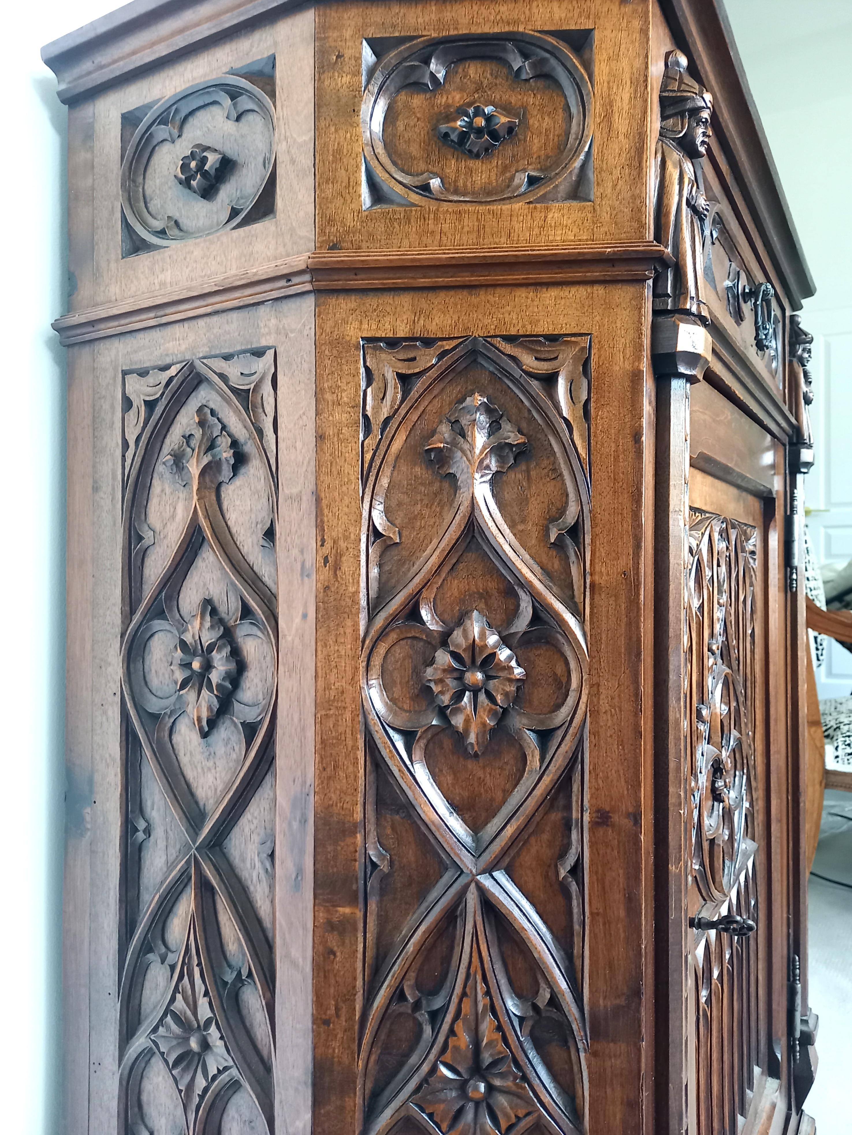 Antique French Church Hand-Carved Buffet Bookcase Cabinet, 19th Century For Sale 1