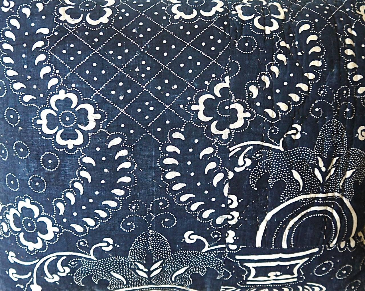 French Provincial Antique French circa 1800 Indigo Resist Blockprinted Cotton Pillow