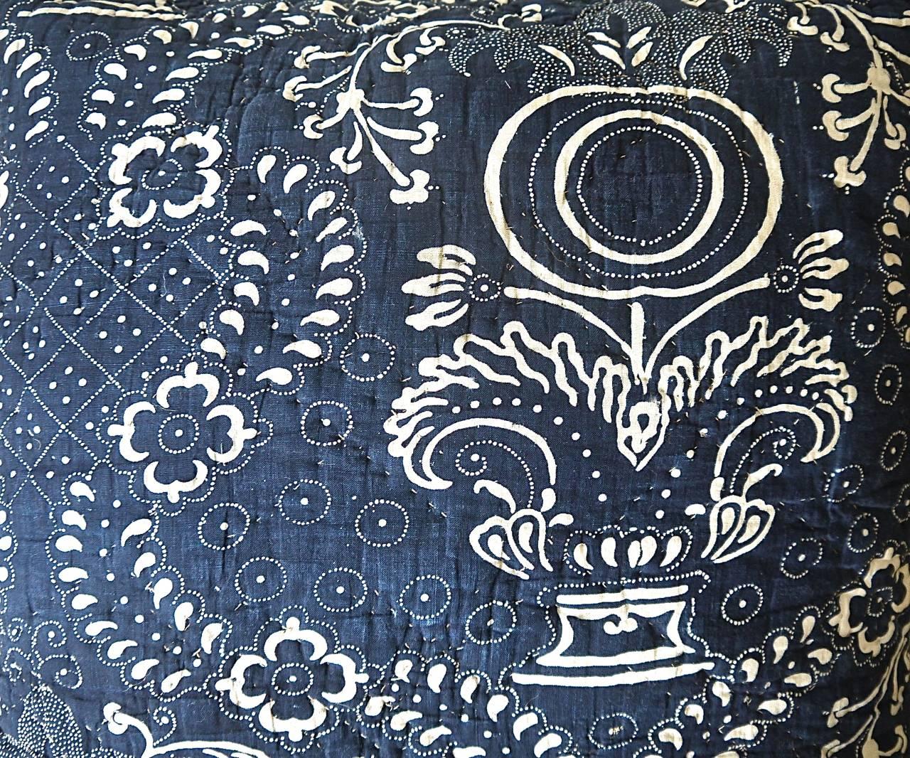 French Provincial Antique French circa 1800 Indigo Resist Blockprinted Cotton Pillow