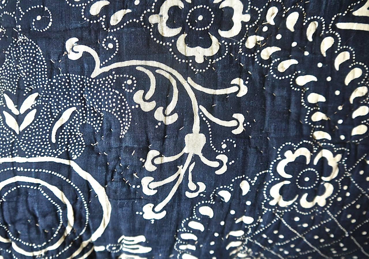 Quilted Antique French circa 1800 Indigo Resist Blockprinted Cotton Pillow