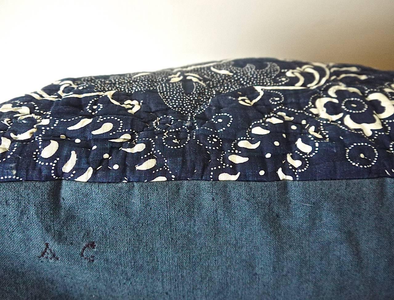 Antique French circa 1800 Indigo Resist Blockprinted Cotton Pillow In Good Condition In London, GB