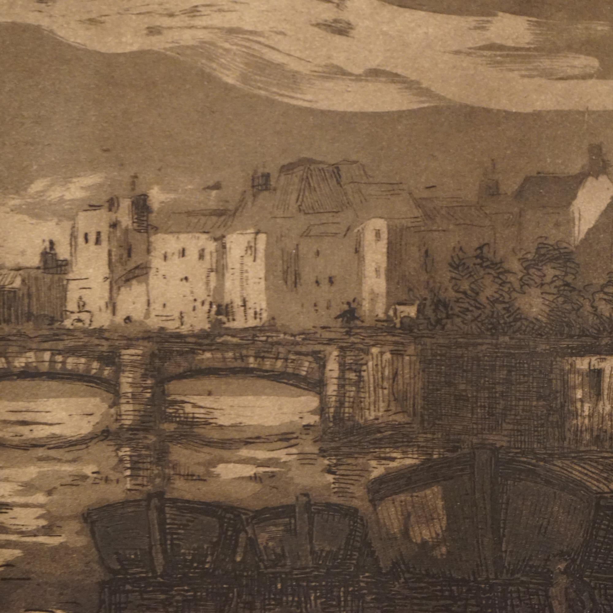 Antique French Cityscape Etching Signed Jean Charles Millet Circa 1920 In Good Condition For Sale In Big Flats, NY