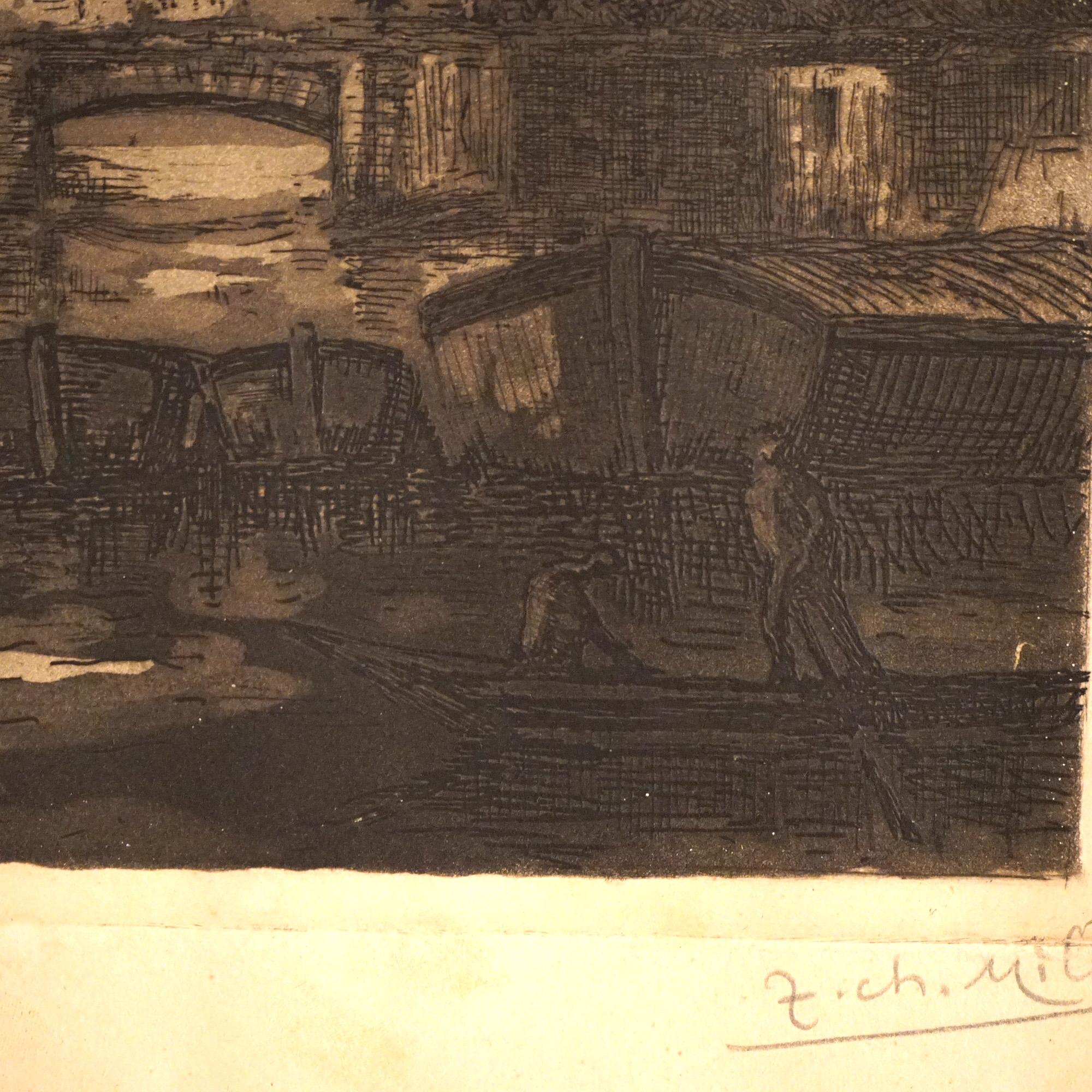 Antike französische Stadtlandschaft, Radierung, signiert Jean Charles Millet, um 1920 (Papier) im Angebot