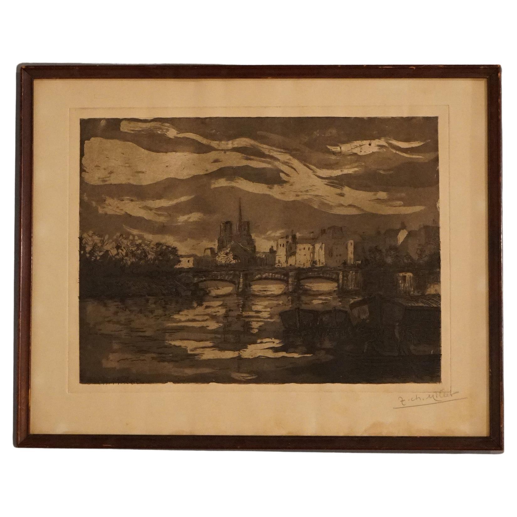 Antike französische Stadtlandschaft, Radierung, signiert Jean Charles Millet, um 1920 im Angebot