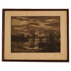 Antique French Cityscape Etching Signed Jean Charles Millet Circa 1920