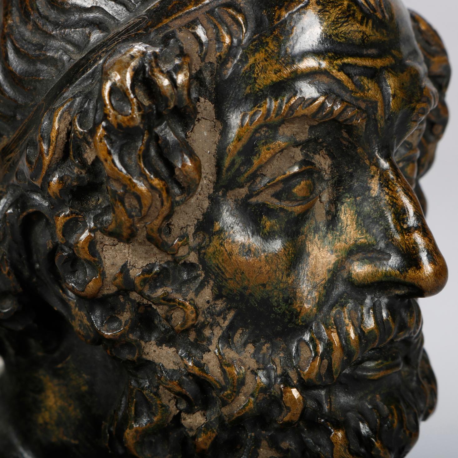 An antique French bronze portrait sculpture depicts Classical bust of Aristotle on stepped plinth, circa 1890

Measures: 7.5