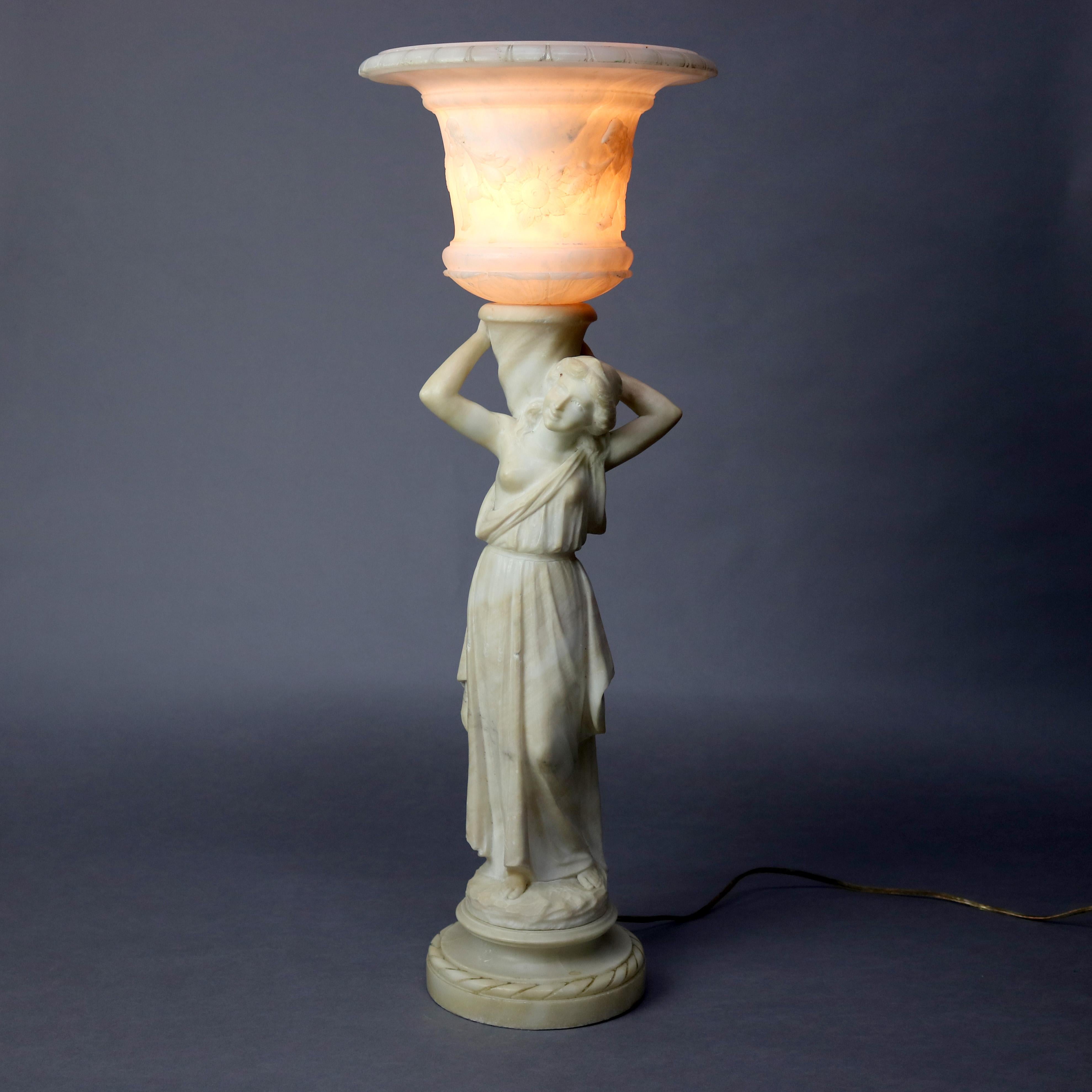 Antique French Classical Figural Maiden Carved Alabaster Table Lamp, circa 1920 5