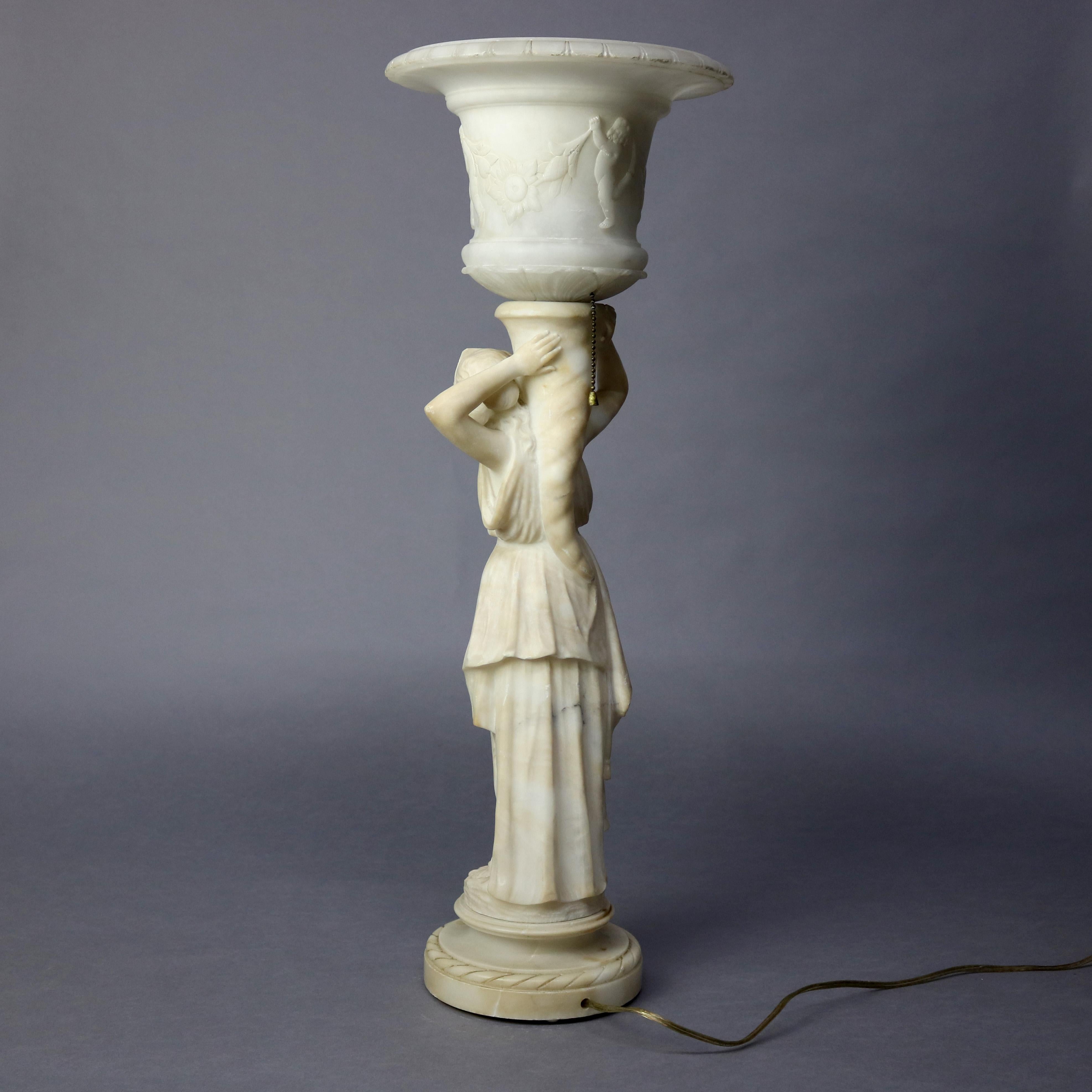 Antique French Classical Figural Maiden Carved Alabaster Table Lamp, circa 1920 6