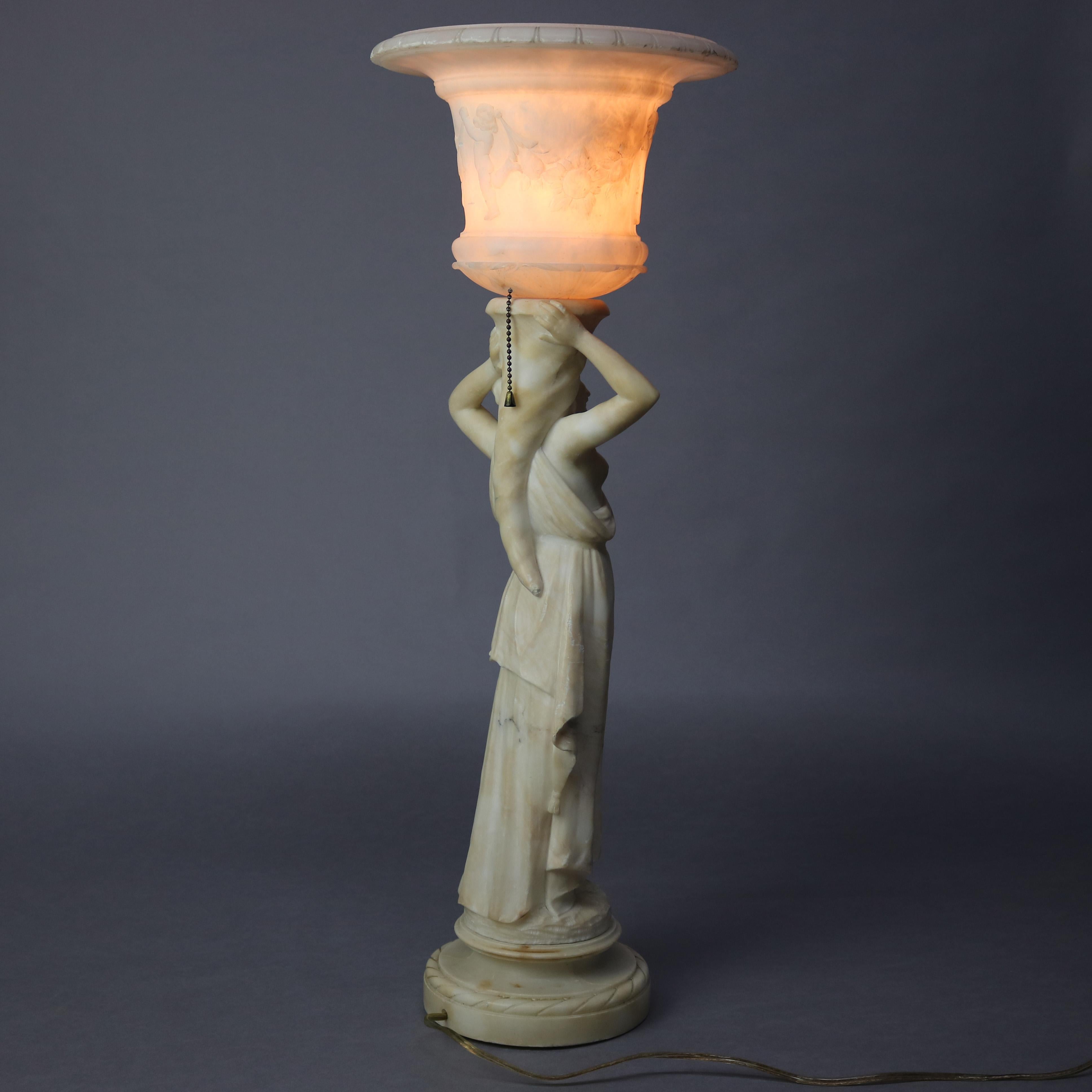 Antique French Classical Figural Maiden Carved Alabaster Table Lamp, circa 1920 7