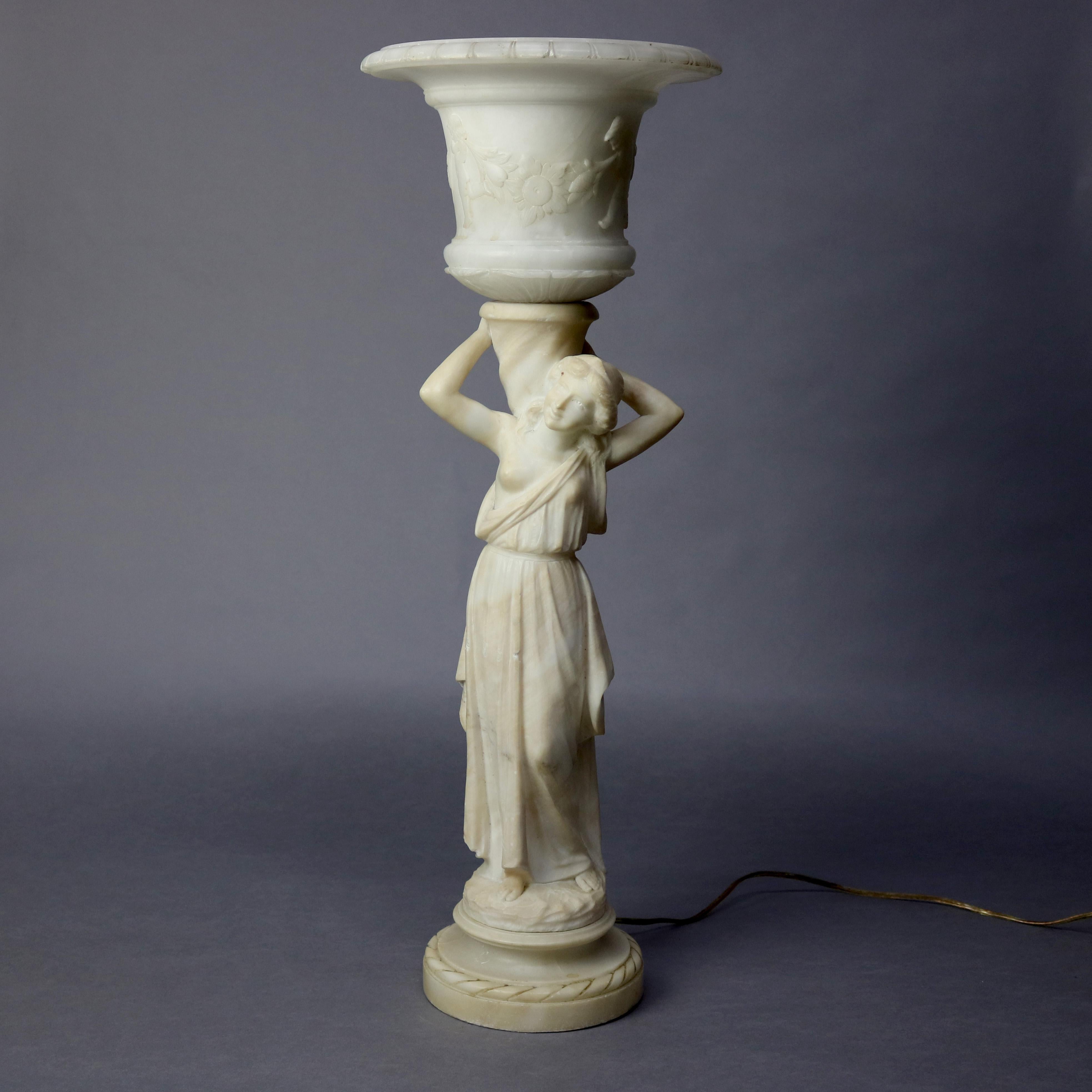 Antique French Classical Figural Maiden Carved Alabaster Table Lamp, circa 1920 8