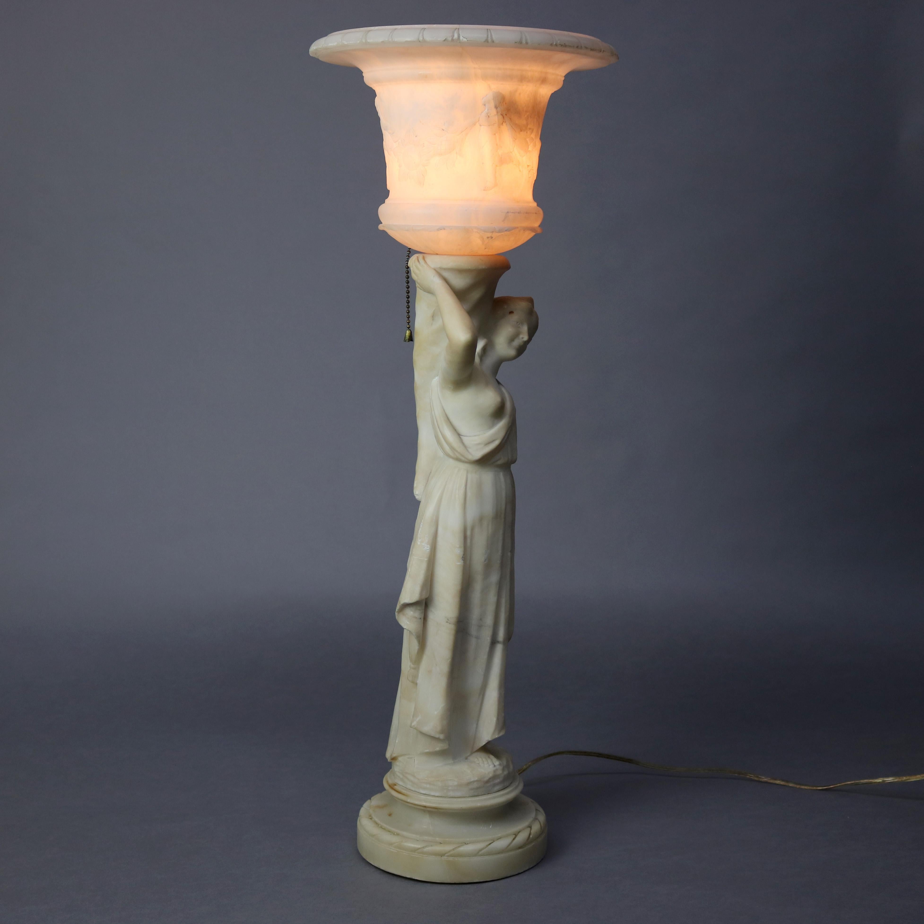 Antique French Classical Figural Maiden Carved Alabaster Table Lamp, circa 1920 9
