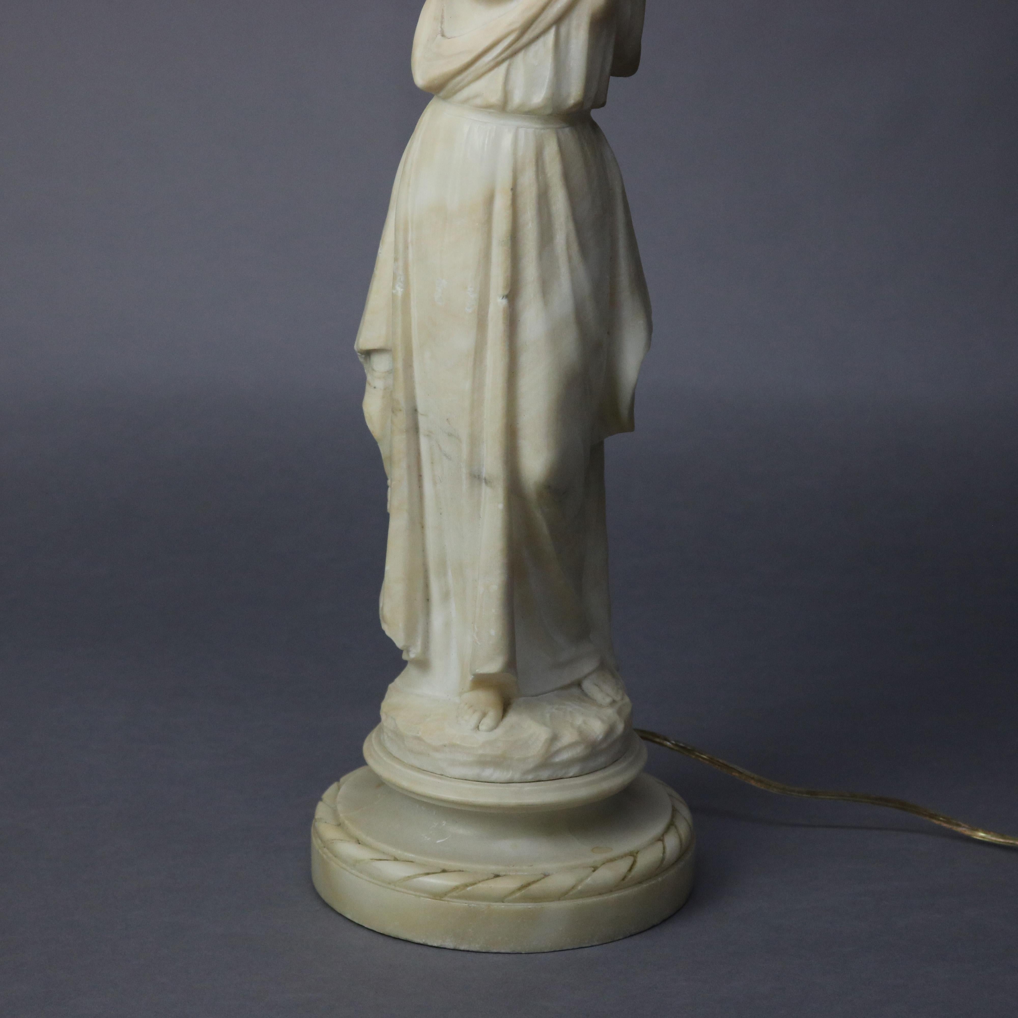 Classical Greek Antique French Classical Figural Maiden Carved Alabaster Table Lamp, circa 1920