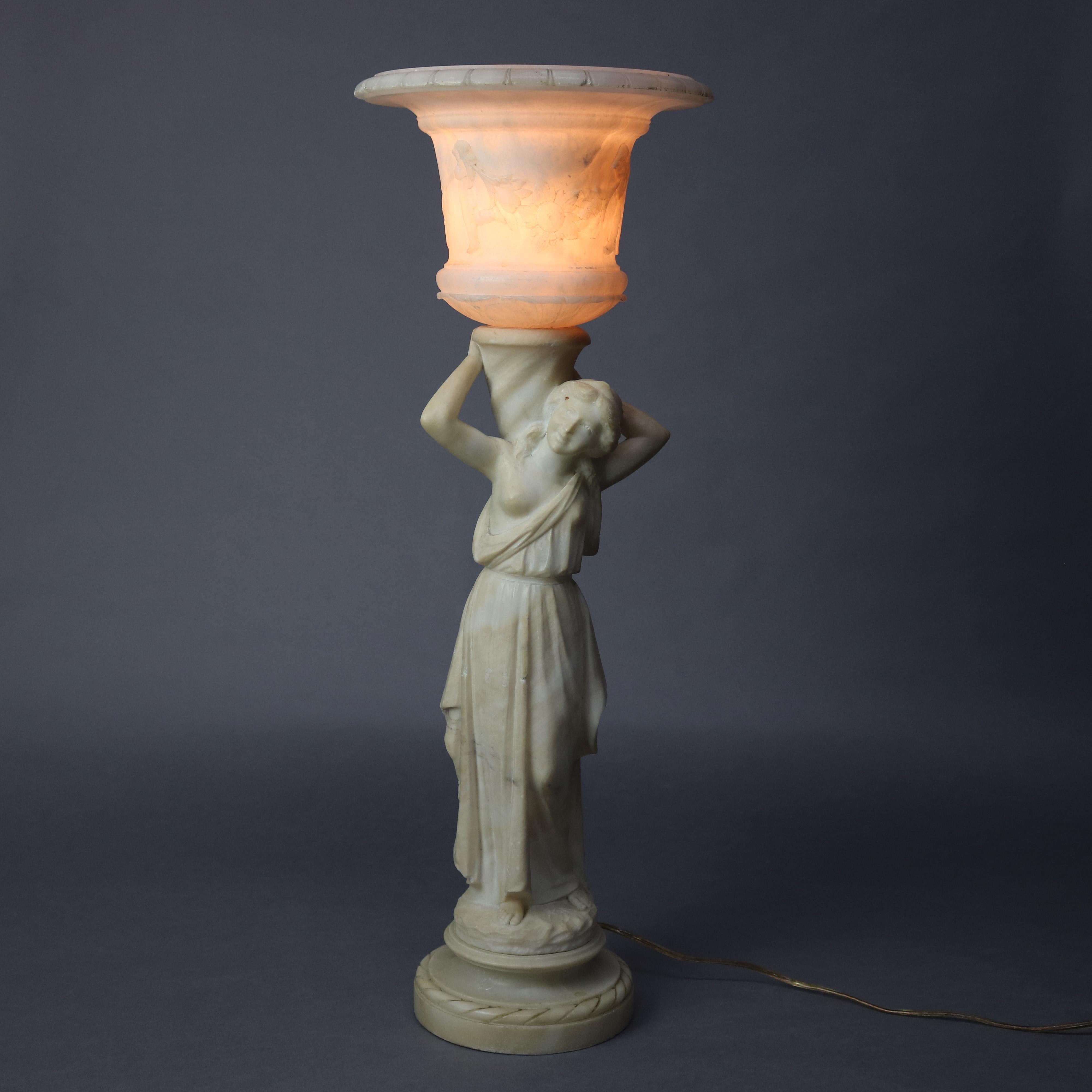 Antique French Classical Figural Maiden Carved Alabaster Table Lamp, circa 1920 In Good Condition In Big Flats, NY