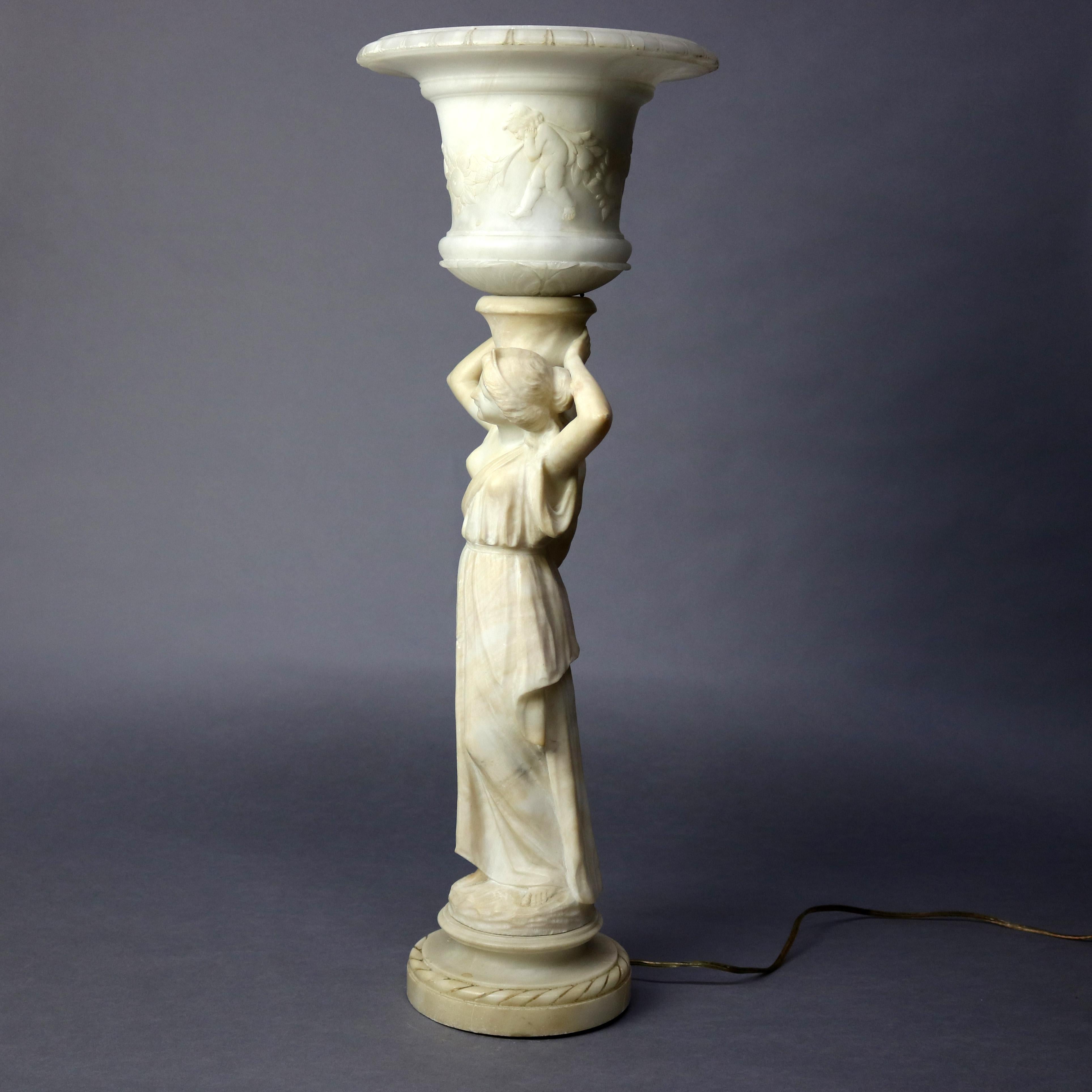 20th Century Antique French Classical Figural Maiden Carved Alabaster Table Lamp, circa 1920