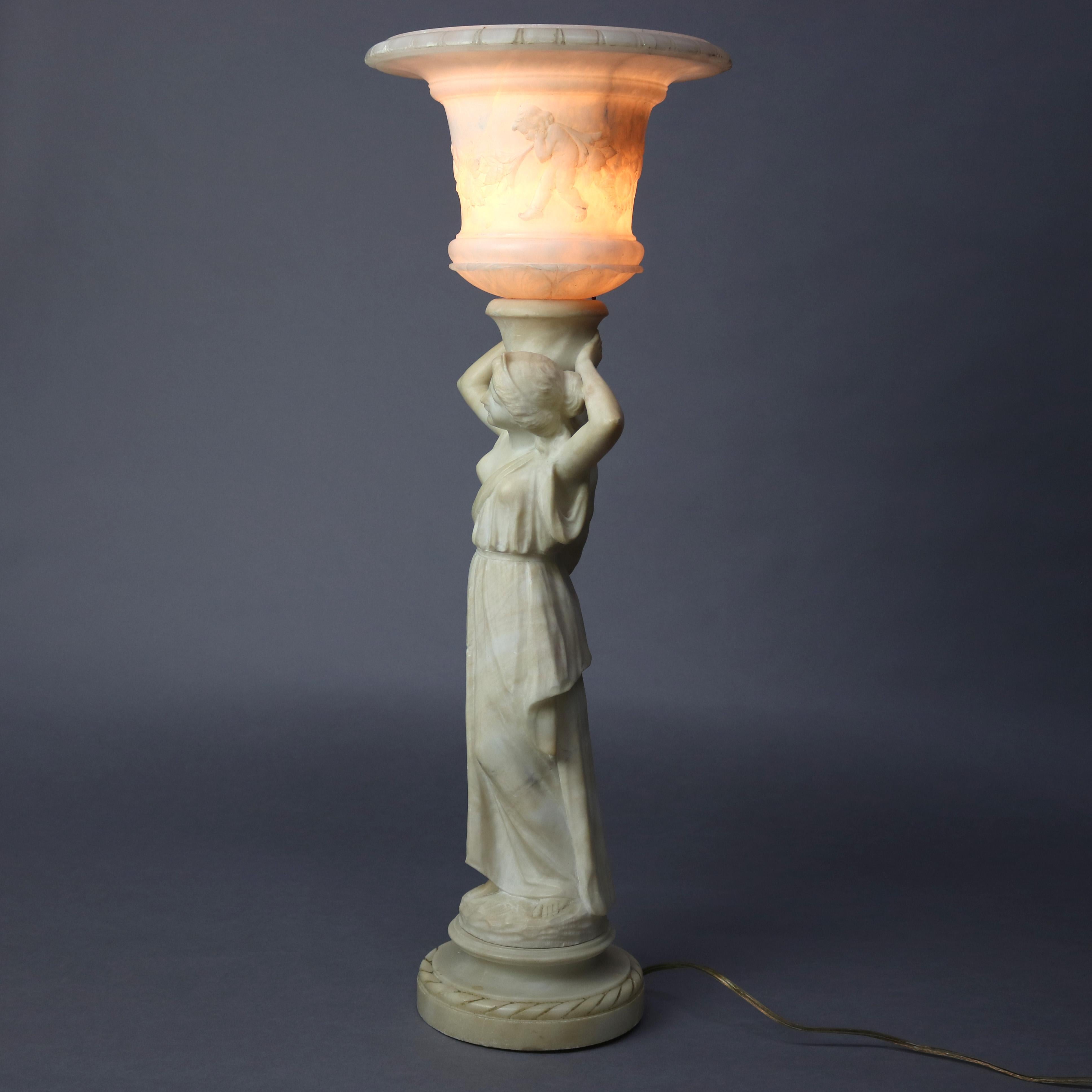 Antique French Classical Figural Maiden Carved Alabaster Table Lamp, circa 1920 1