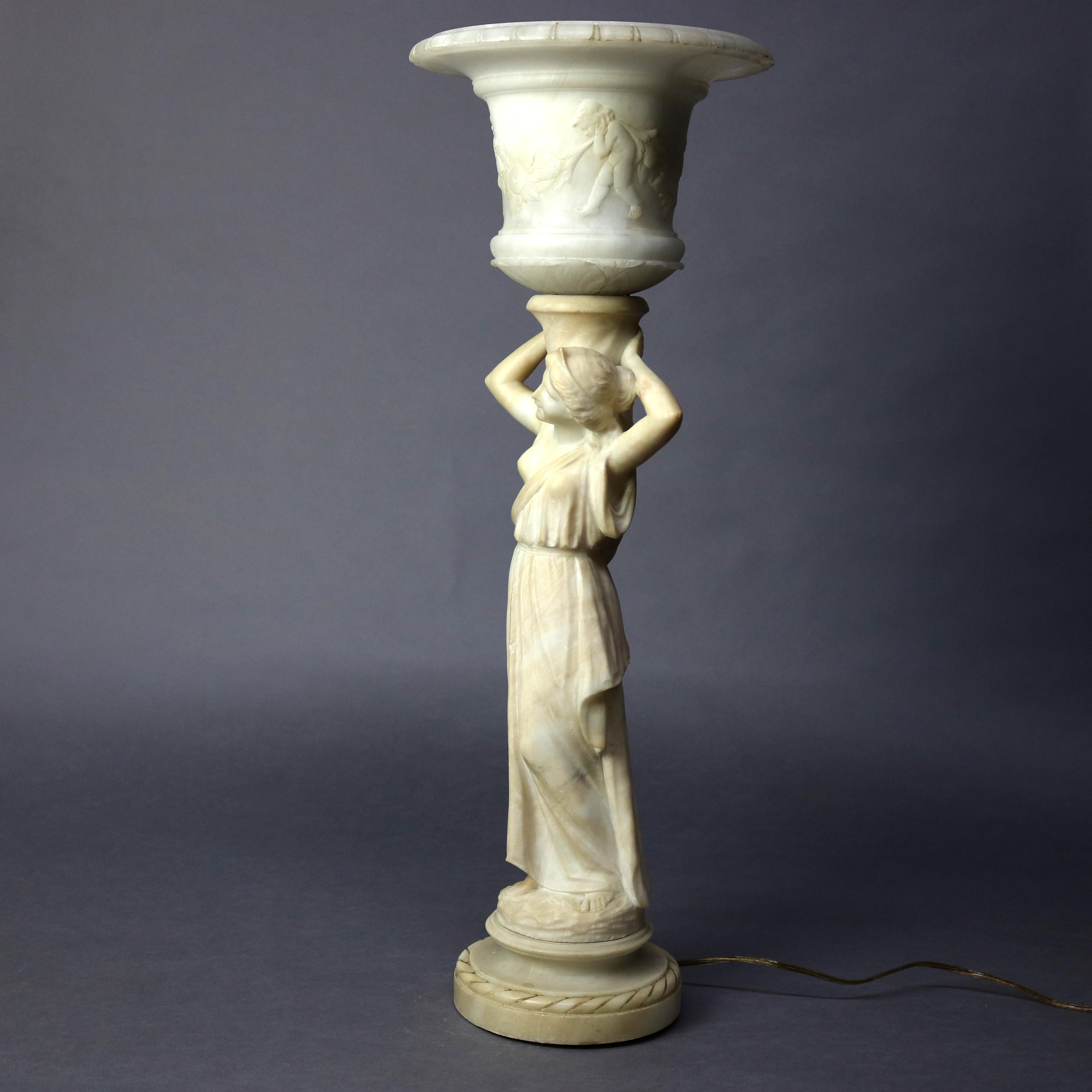 Antique French Classical Figural Maiden Carved Alabaster Table Lamp, circa 1920 2