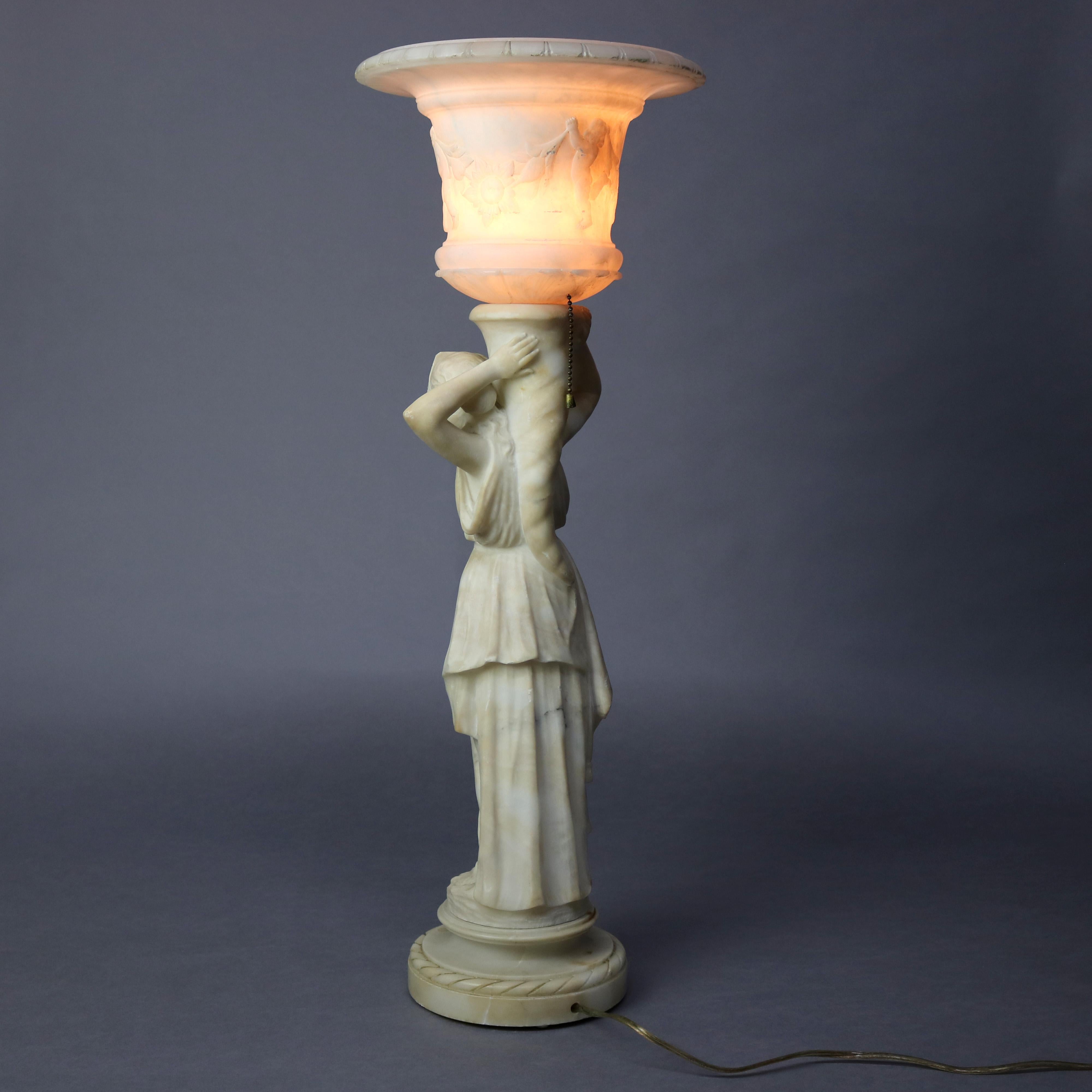 Antique French Classical Figural Maiden Carved Alabaster Table Lamp, circa 1920 3