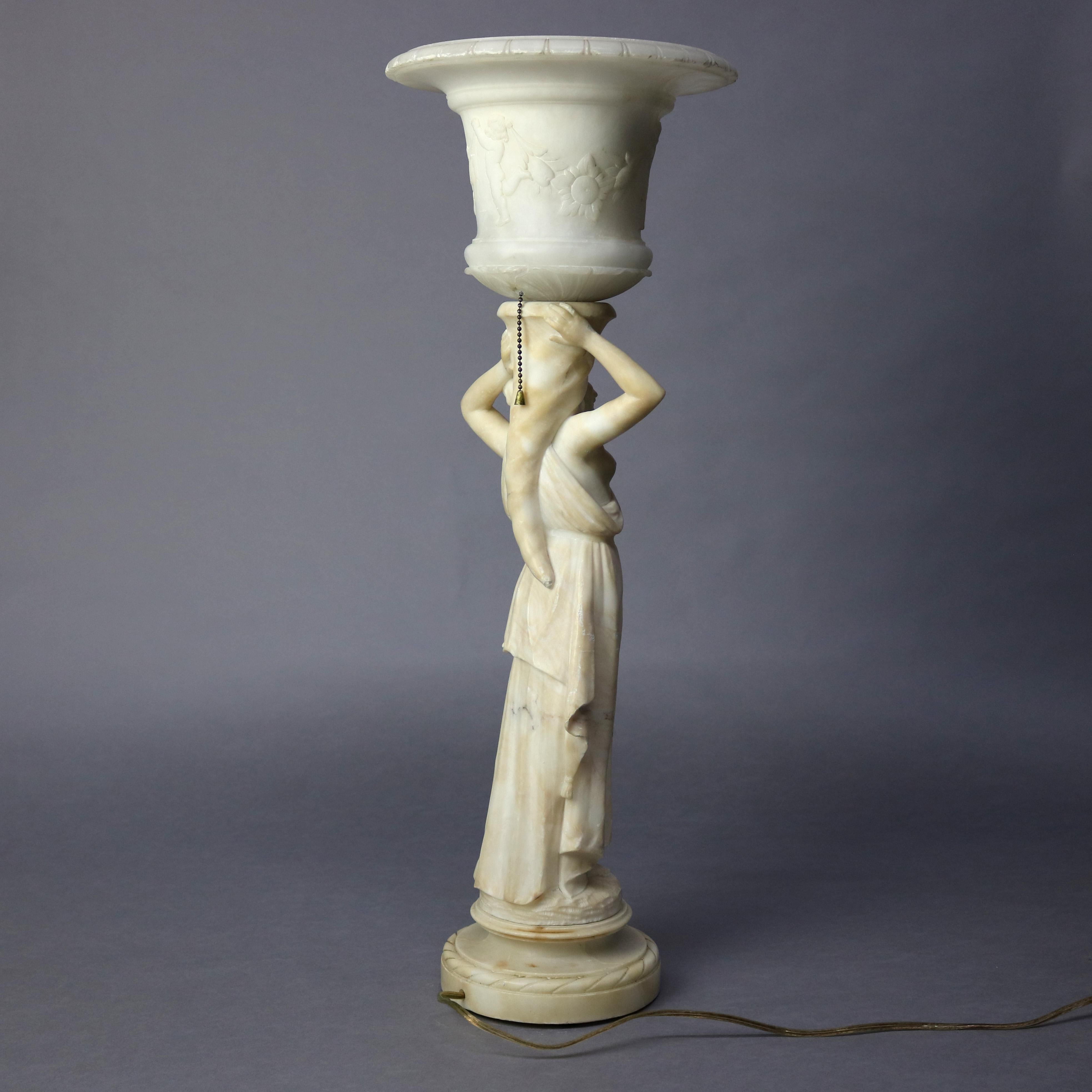 Antique French Classical Figural Maiden Carved Alabaster Table Lamp, circa 1920 4