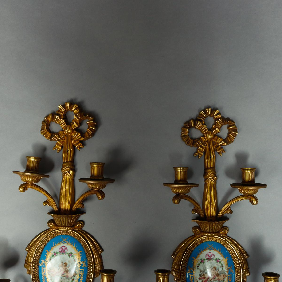 Classical Greek Antique French Classical Gilt Bronze and Sevres Porcelain Candle Sconces