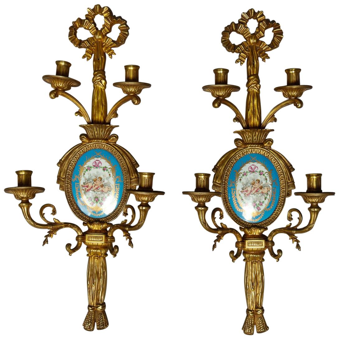Antique French Classical Gilt Bronze and Sevres Porcelain Candle Sconces