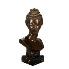 Antique French Classical Grecian Bronze Bust of Woman on Marble Plinth