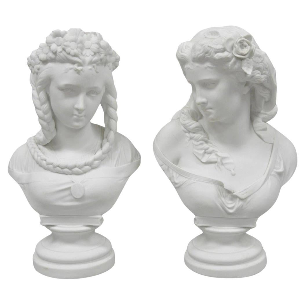 Antique French Classical Parian Porcelain 13" Goddess Female Maiden Bust - Pair For Sale
