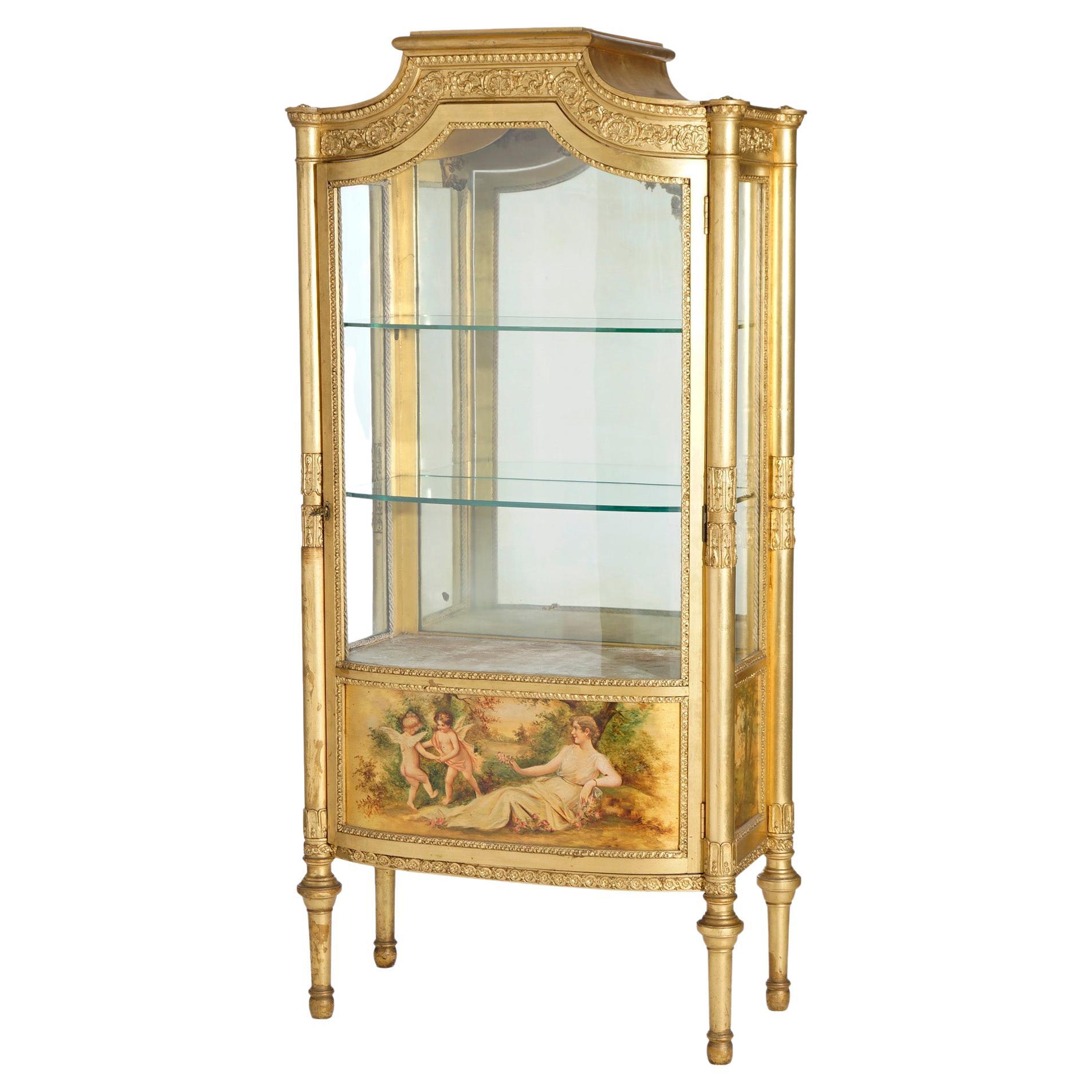 Vitrine classique française ancienne en bois doré Vernis Martin avec miroir, vers 1890