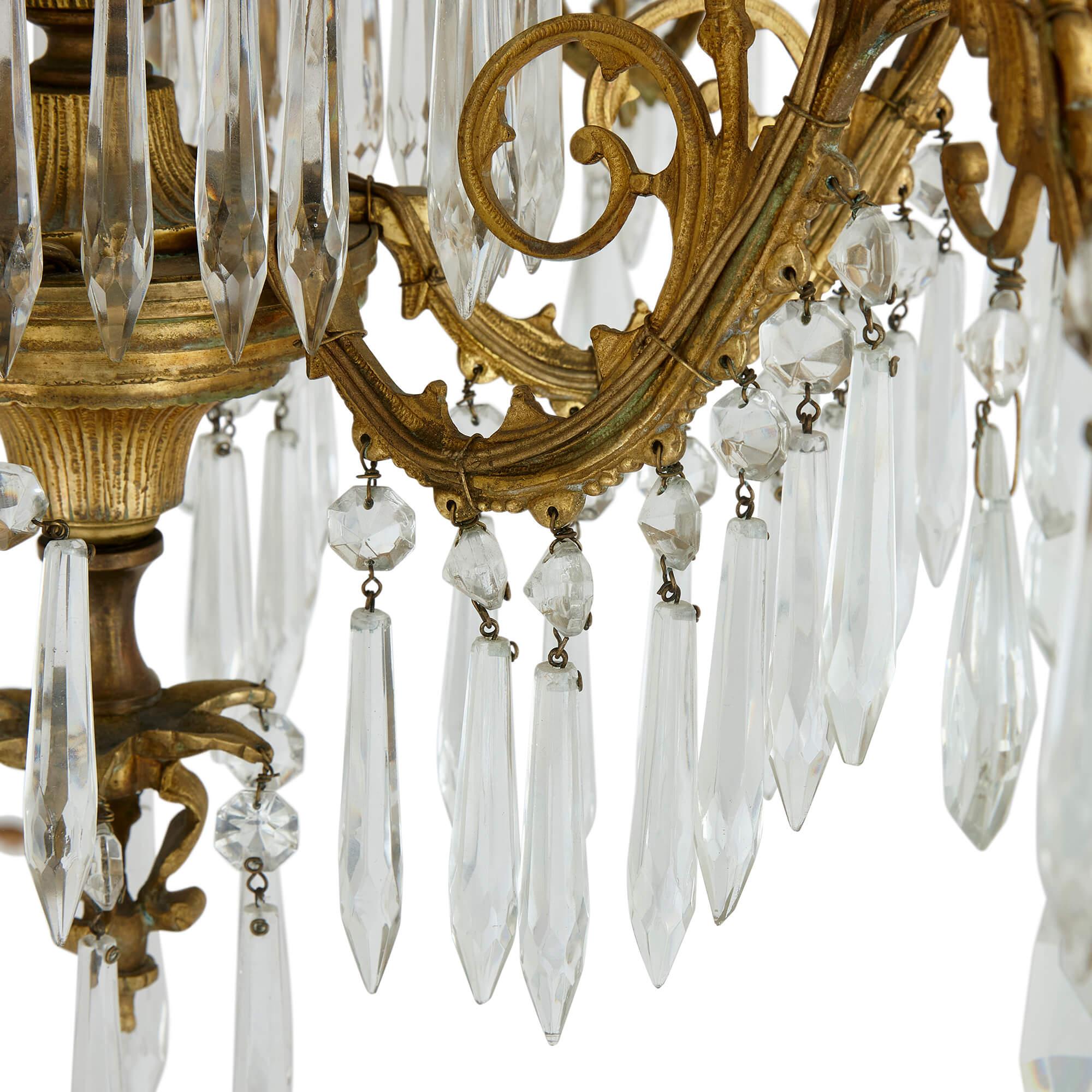 Belle Époque Antique French Clear Cut Glass and Ormolu Twelve-Light Chandelier For Sale