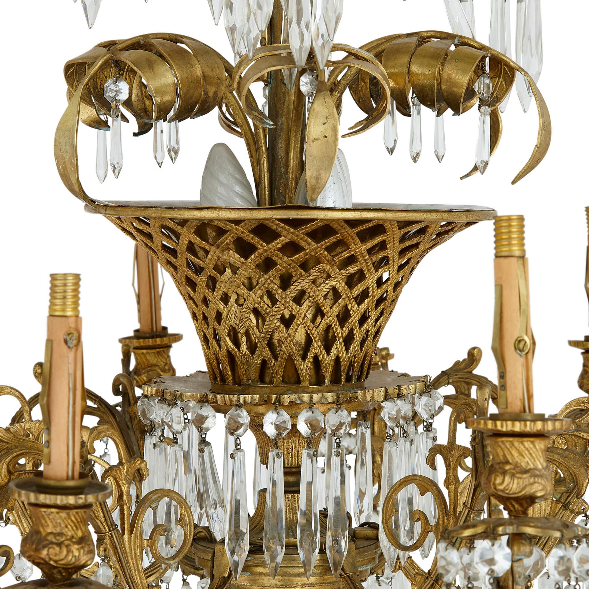 Gilt Antique French Clear Cut Glass and Ormolu Twelve-Light Chandelier For Sale