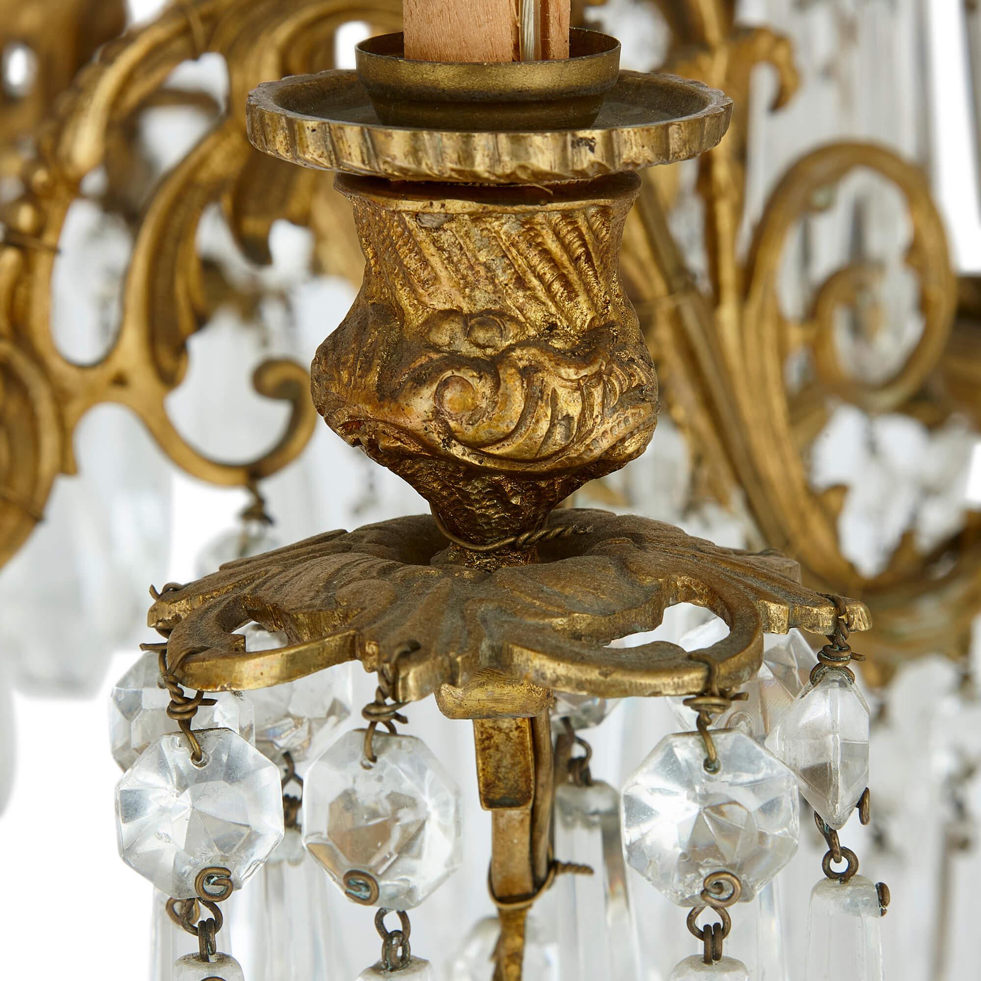 19th Century Antique French Clear Cut Glass and Ormolu Twelve-Light Chandelier For Sale