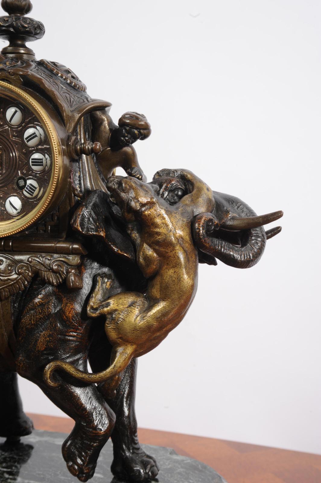 Antique French Clock - Elephant - The Mahout Fending Off A Tiger 5