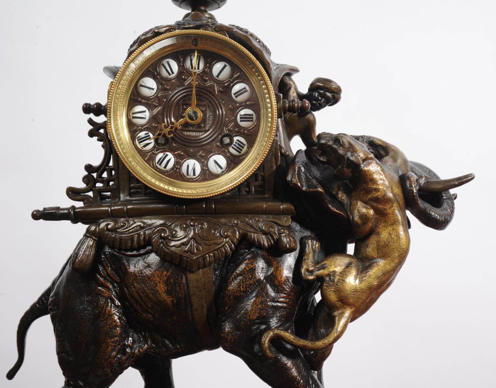 Antique French Clock - Elephant - The Mahout Fending Off A Tiger 6