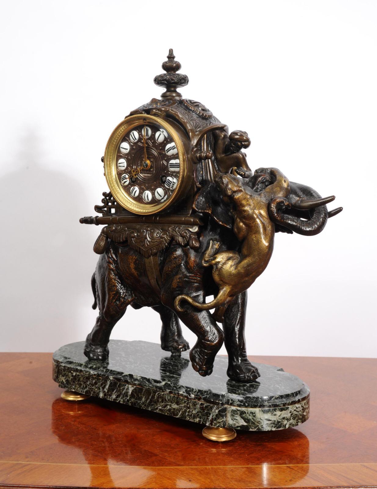 Antique French Clock - Elephant - The Mahout Fending Off A Tiger 7