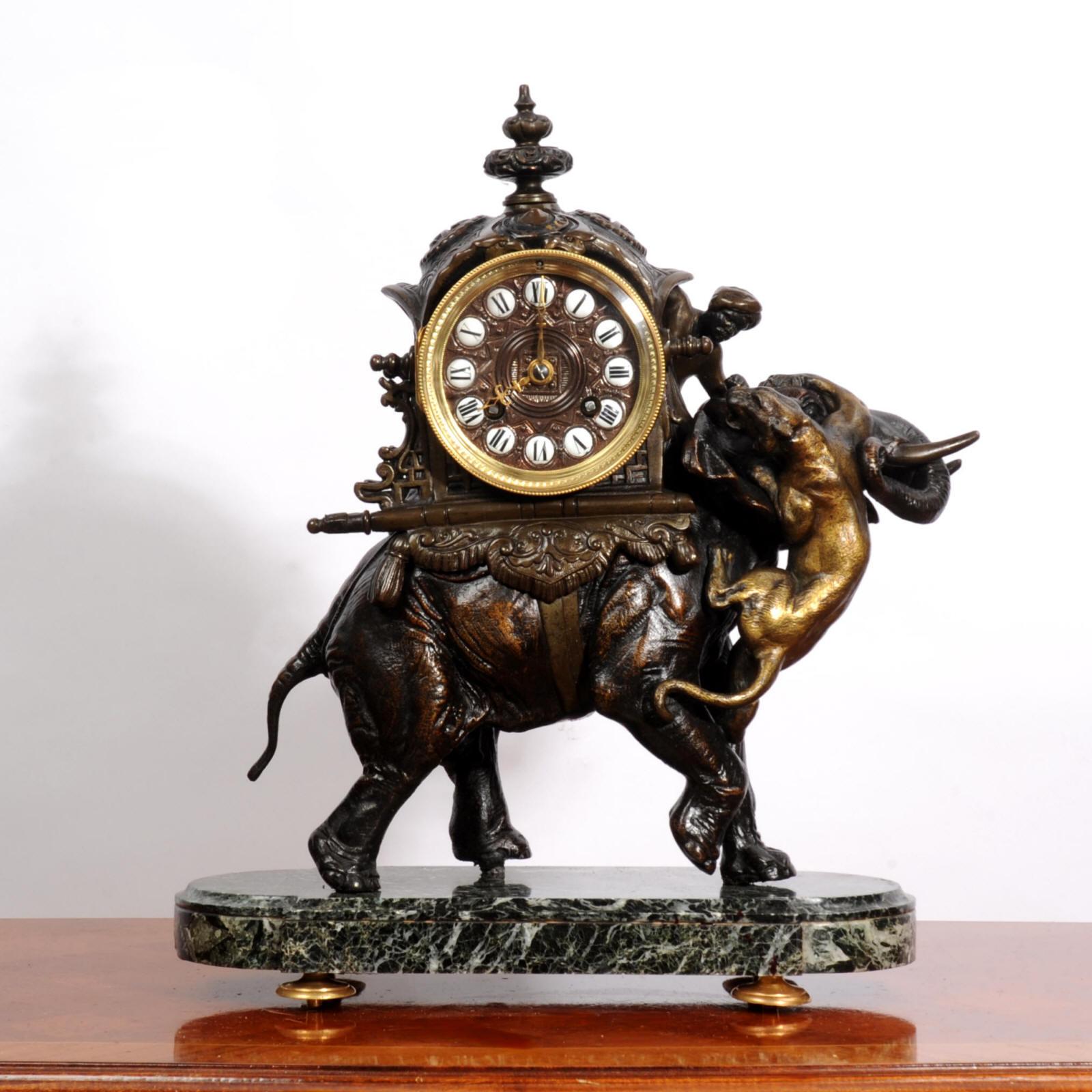 Victorian Antique French Clock - Elephant - The Mahout Fending Off A Tiger