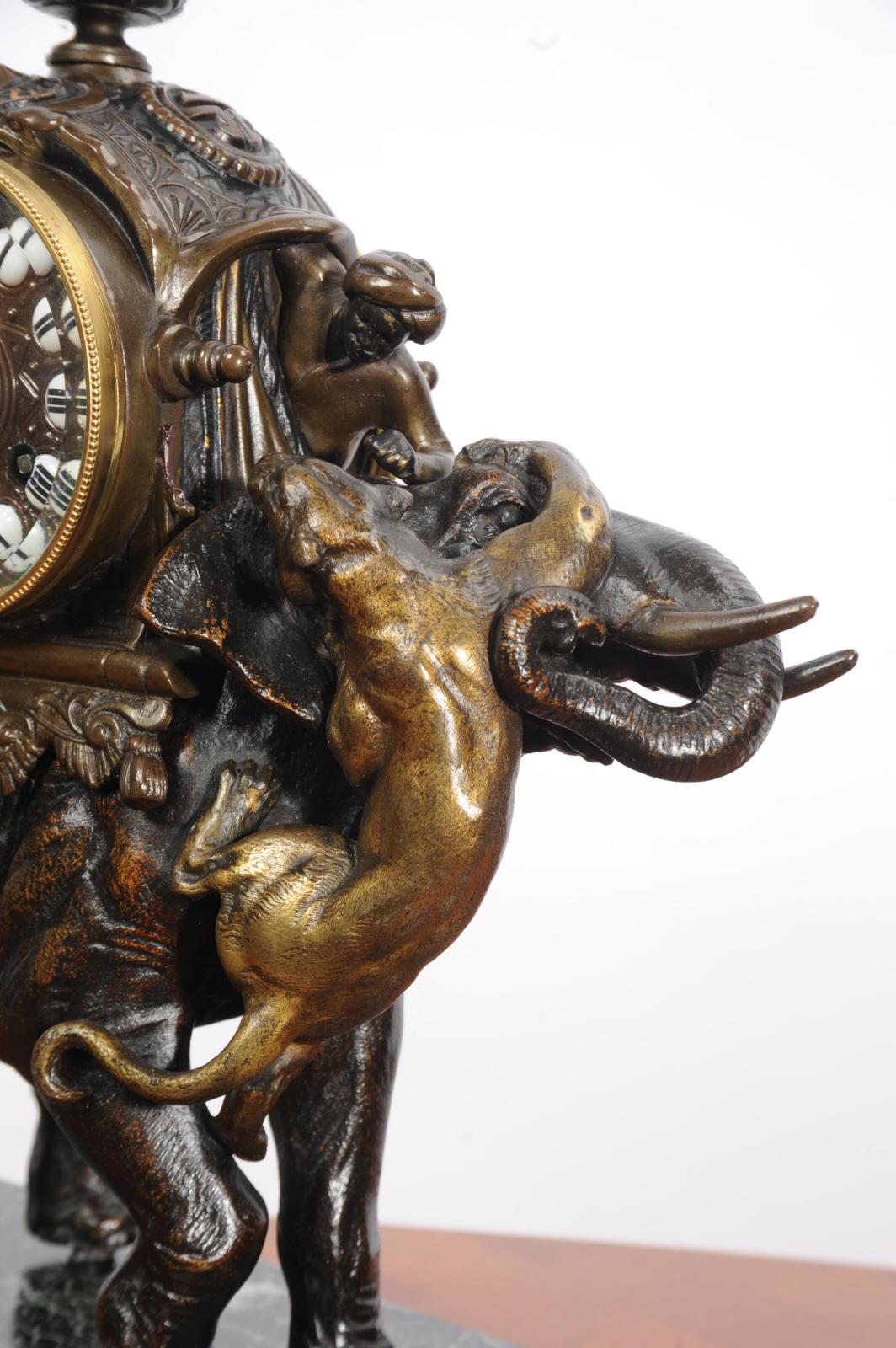 Bronzed Antique French Clock - Elephant - The Mahout Fending Off A Tiger
