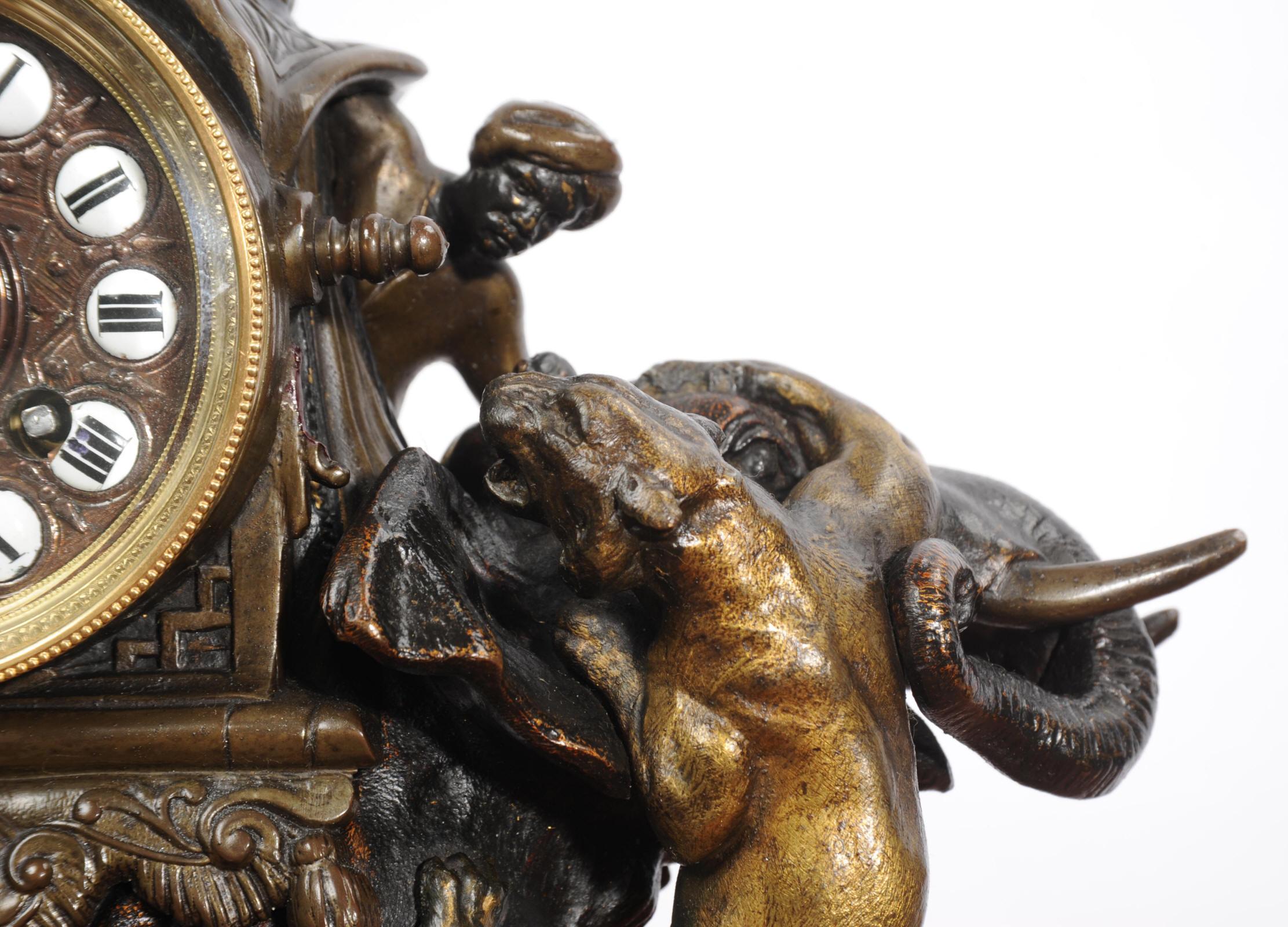 Antique French Clock - Elephant - The Mahout Fending Off A Tiger In Good Condition In Belper, Derbyshire