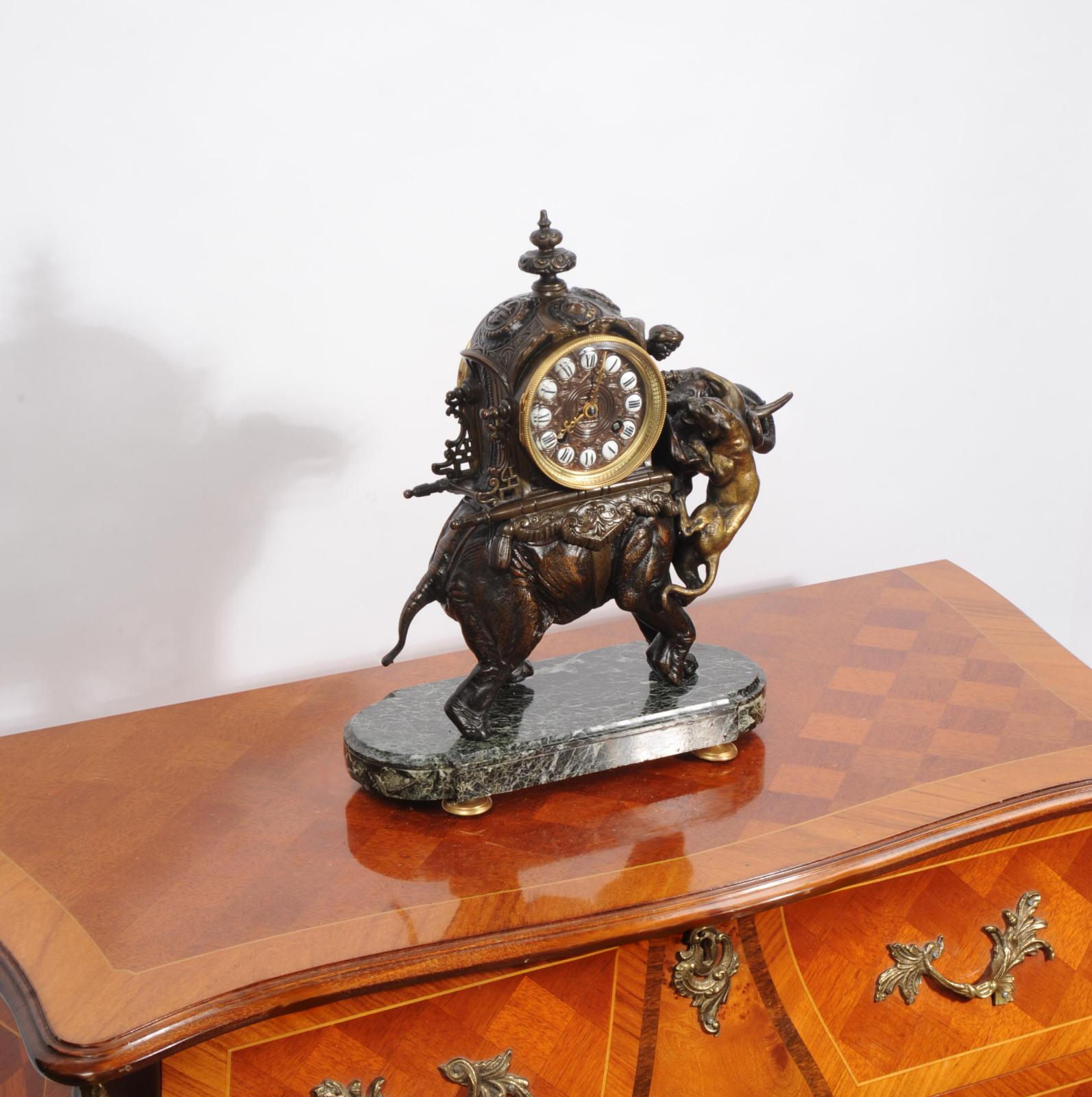 19th Century Antique French Clock - Elephant - The Mahout Fending Off A Tiger