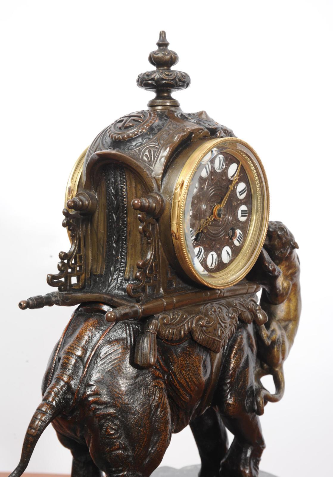 Metal Antique French Clock - Elephant - The Mahout Fending Off A Tiger