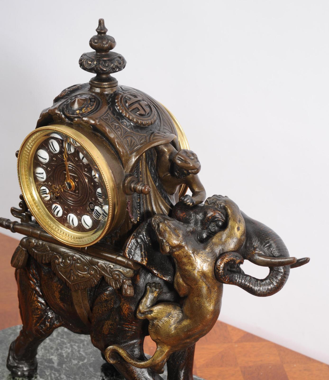 Antique French Clock - Elephant - The Mahout Fending Off A Tiger 1