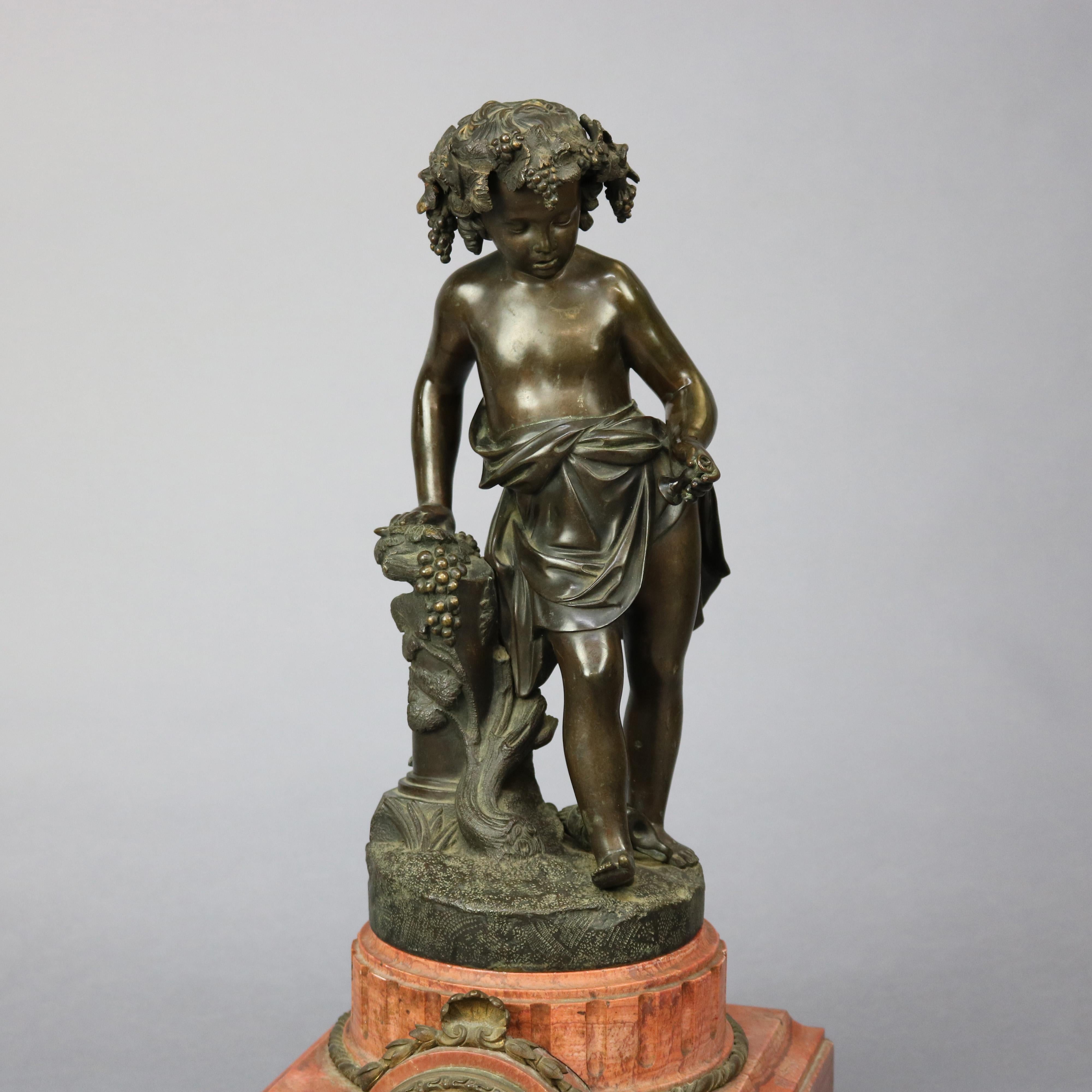 Cast Antique French Clock with Classical Bronze Sculpture of Young Boy, Circa 1890