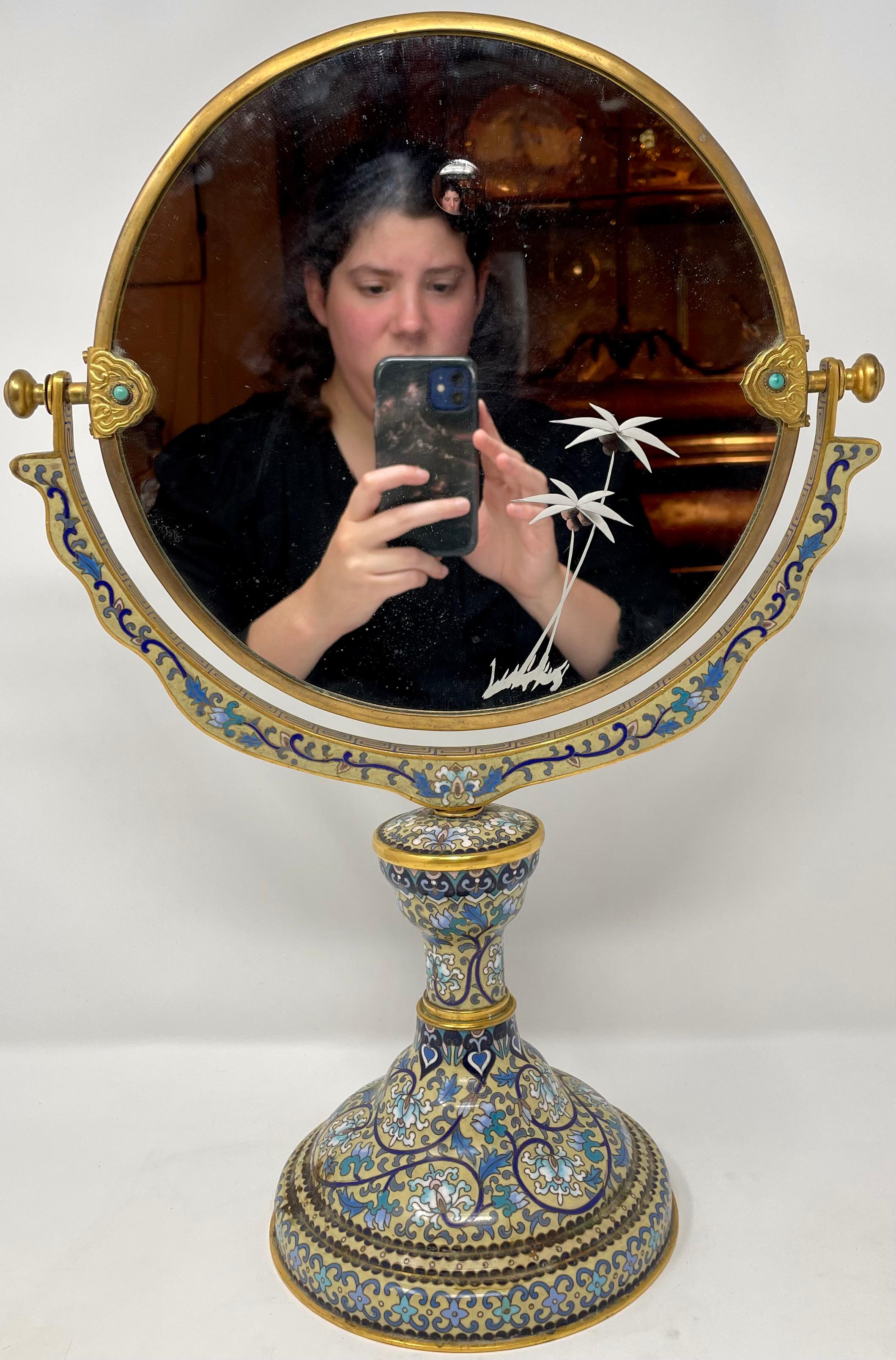 Antique French Cloisonné and Gold Bronze Dresser Mirror, Circa 1920's. In Good Condition For Sale In New Orleans, LA