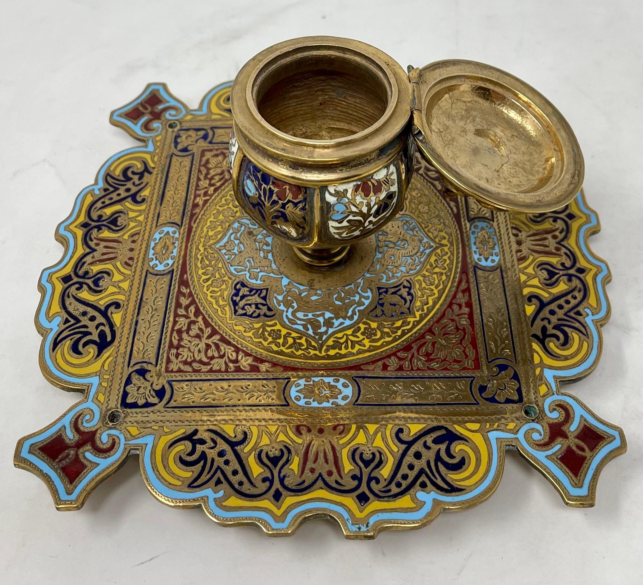 Antique French Cloisonné Enamel & Gold Bronze 7 Piece Inkwell Desk Set, Ca. 1890 In Good Condition For Sale In New Orleans, LA