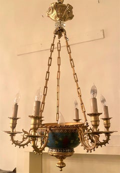Antique French Cloisonné Enamel and Ormolu Bronze Chandelier