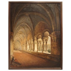Antique French Cloister Oil Painting on Canvas, Mid-19th Century