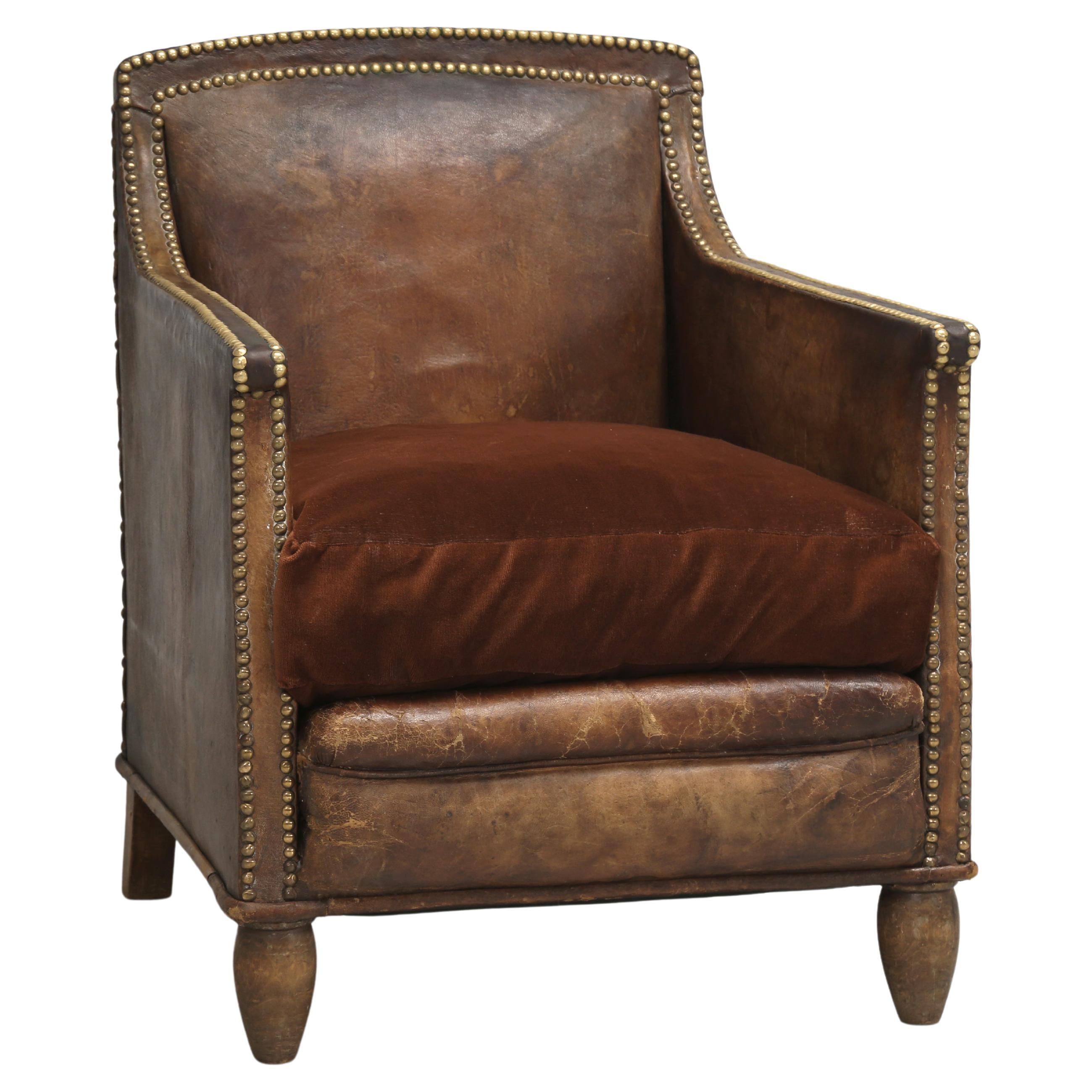 Antique French Club Chair in Original Leather Restored Internally c1920's