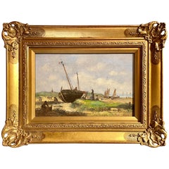 Antique French Coast Oil Painting on Panel "Low Tide, " Signed "Roux" Circa 1890
