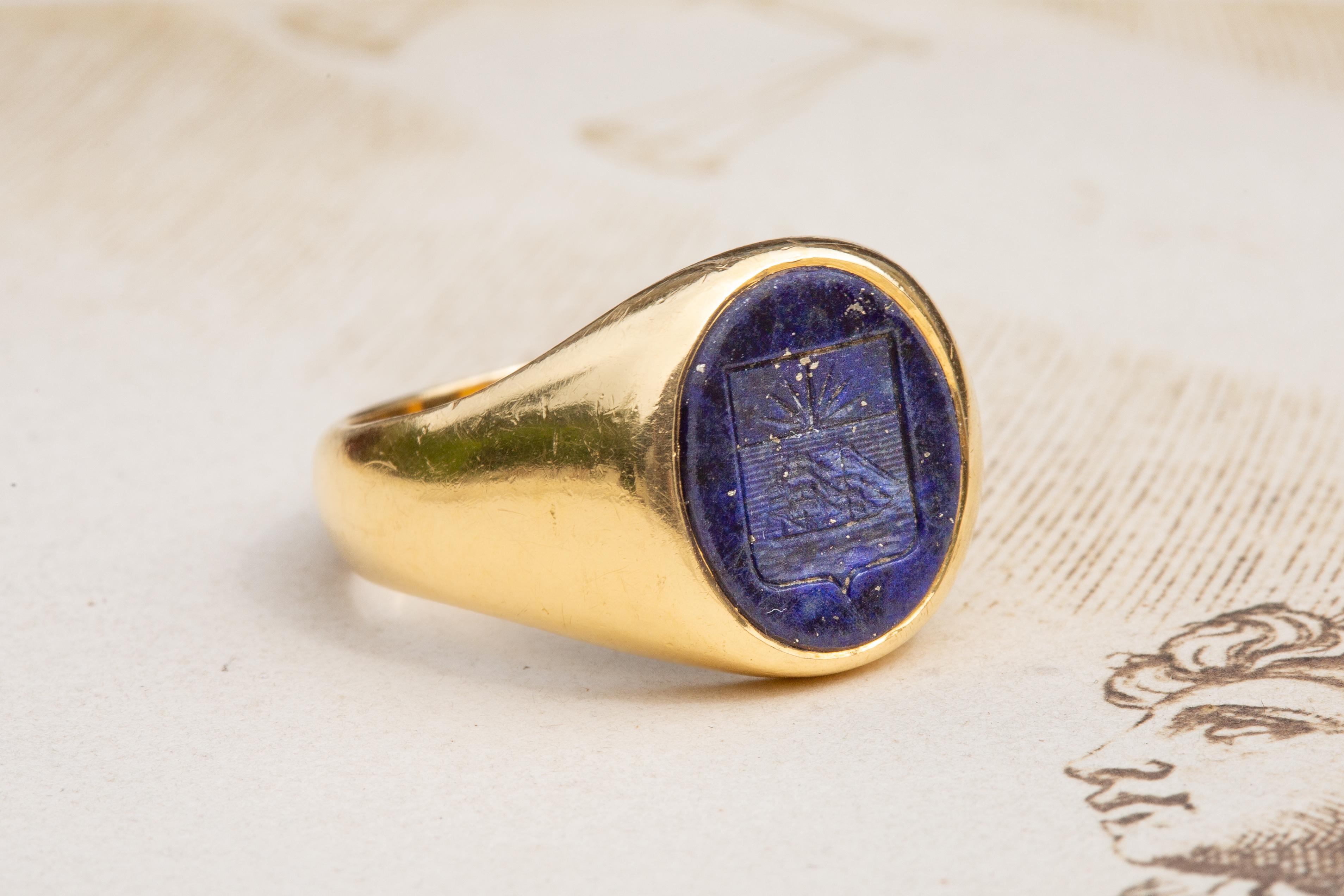 Women's or Men's Antique French Coat of Arms Lapis Lazuli Intaglio Signet Ring Victorian