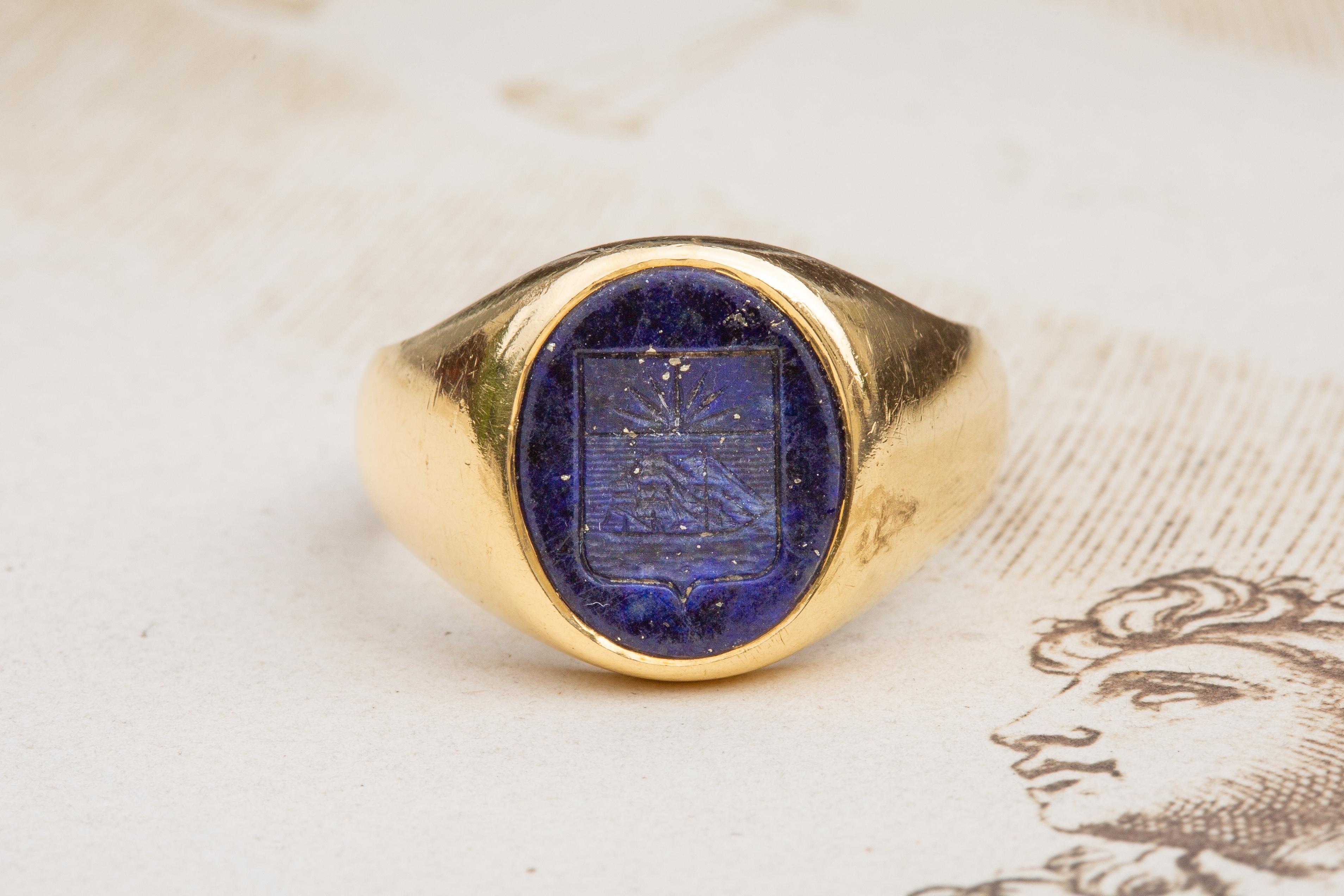 Antique French Coat of Arms Lapis Lazuli Intaglio Signet Ring Victorian 1